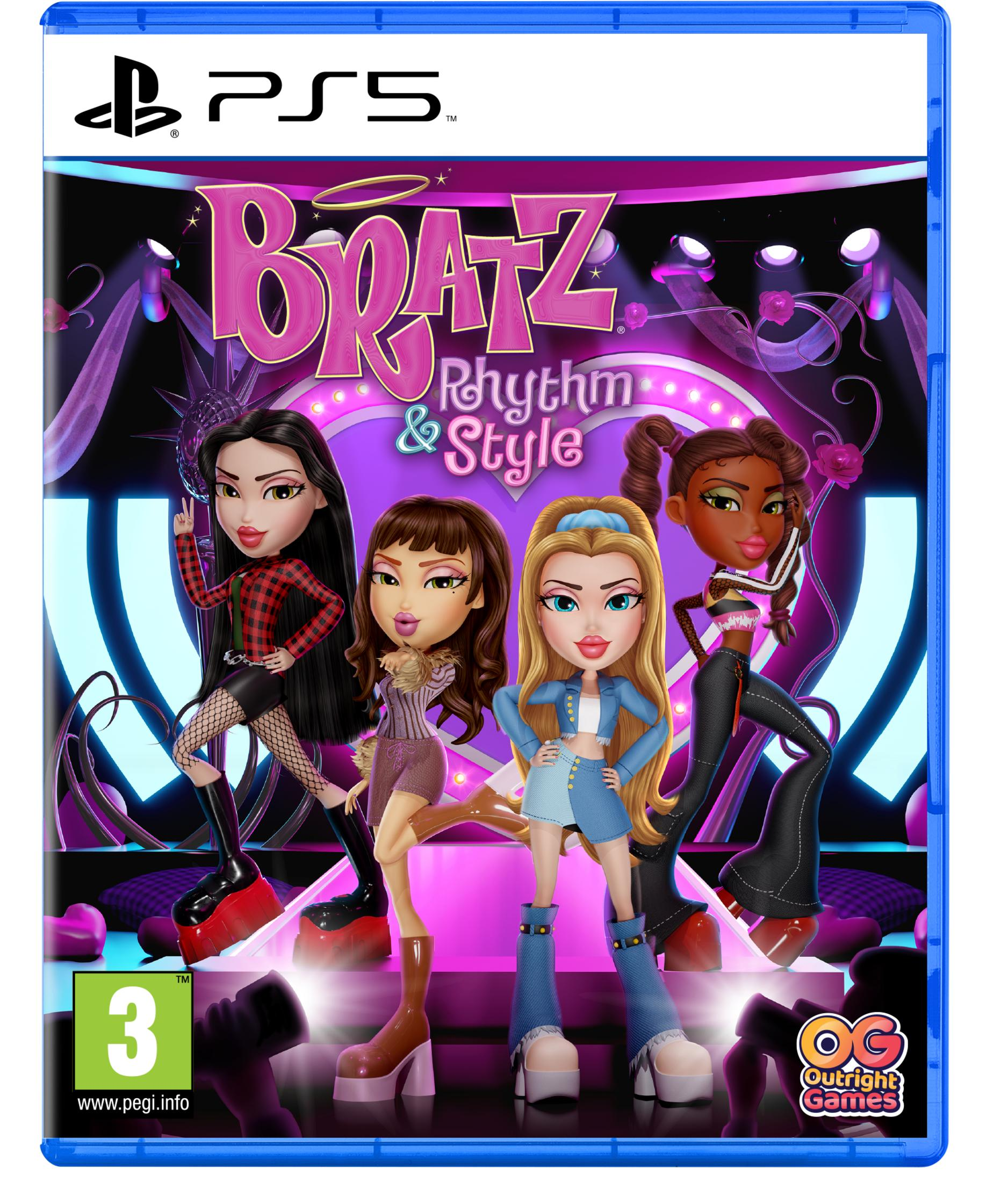 Cuatro muñecas Bratz posan en un escenario con luces. Portada del juego PS5.