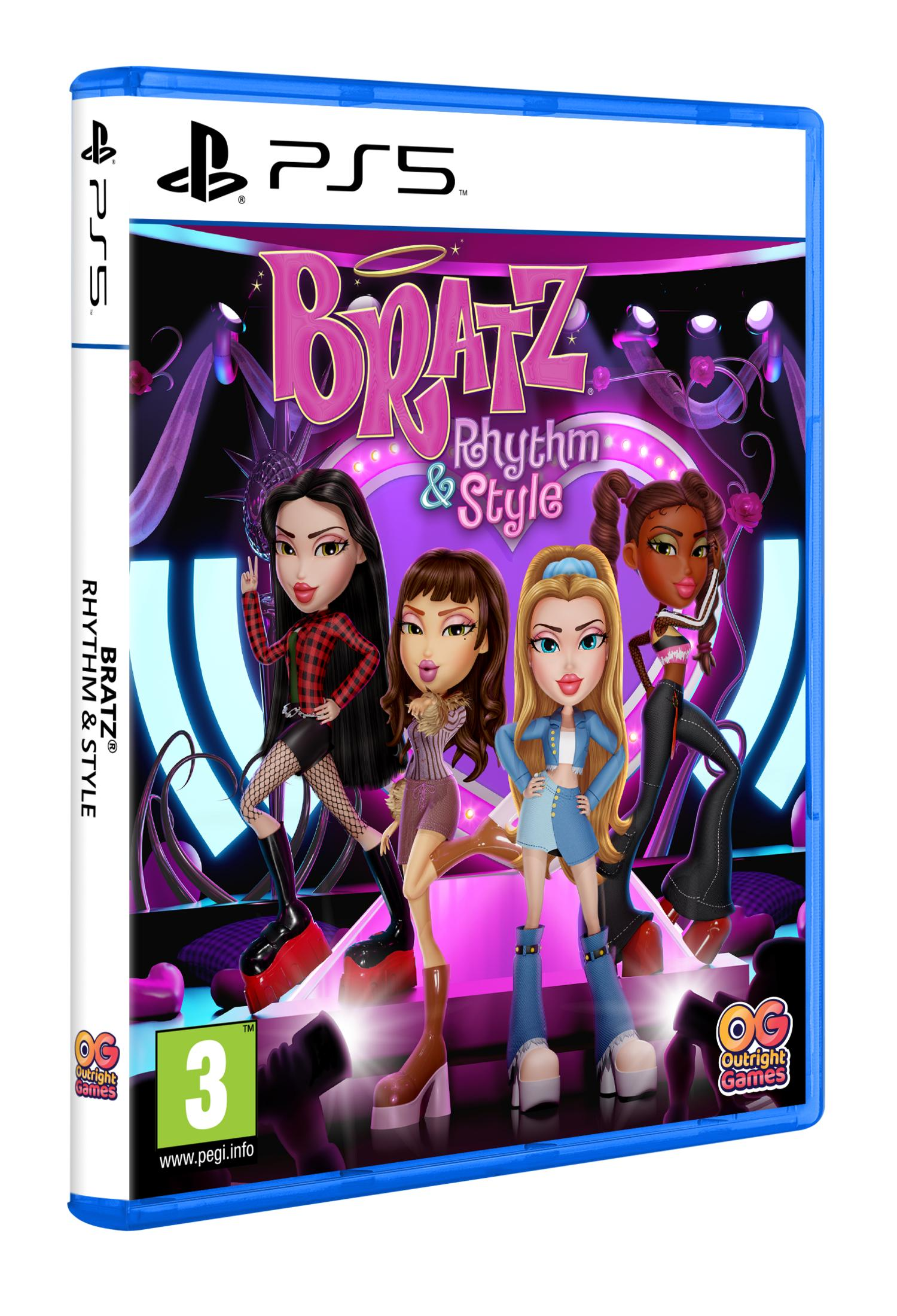 Funda de juego Bratz: Rhythm & Style PS5 con cuatro muñecas en escenario morado.