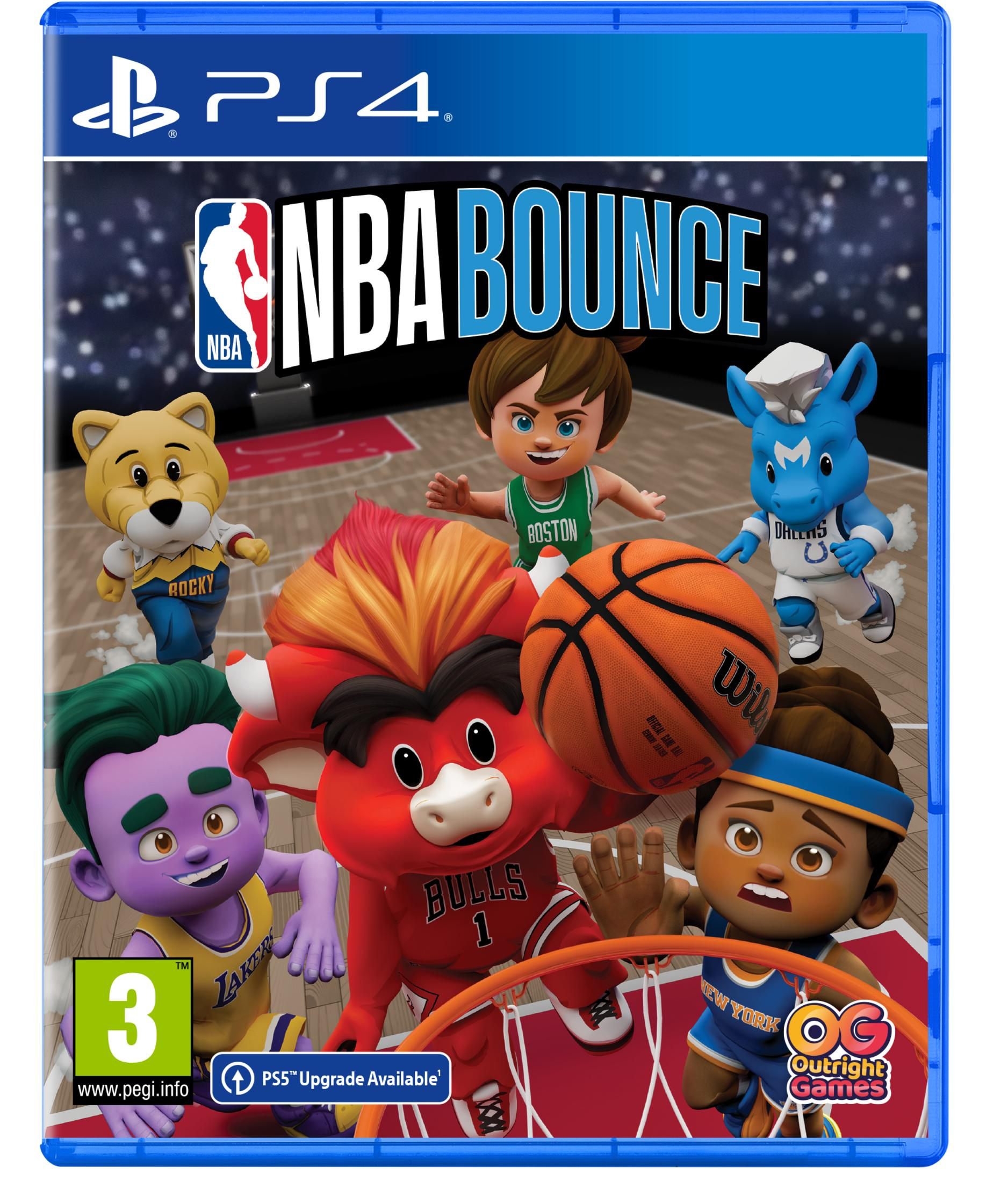 Copertina del gioco NBA Bounce con mascotte di basket e giocatori dei cartoni animati su un campo.