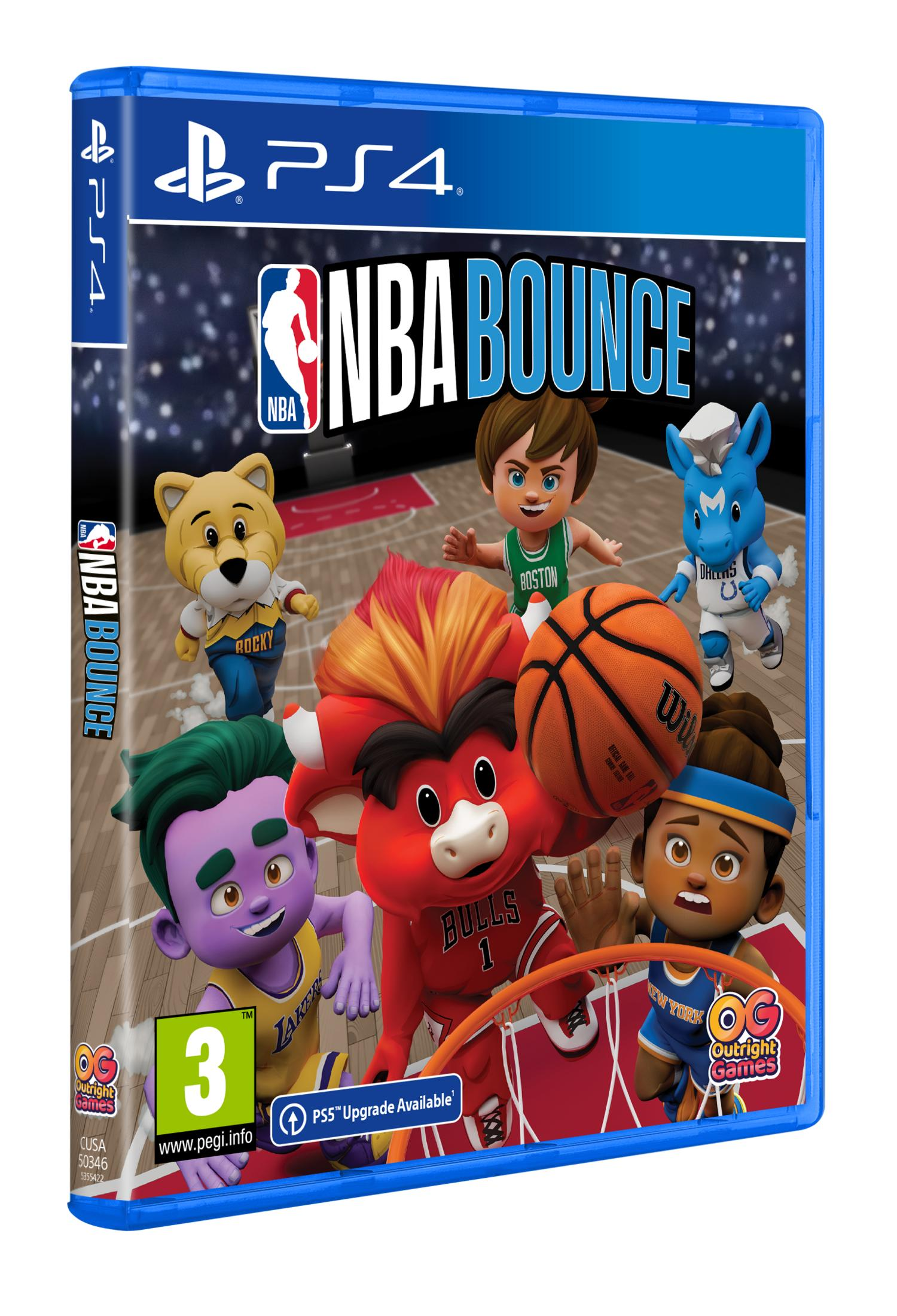 Copertina del gioco NBA Bounce PS4 con personaggi colorati stile cartone su campo da basket.