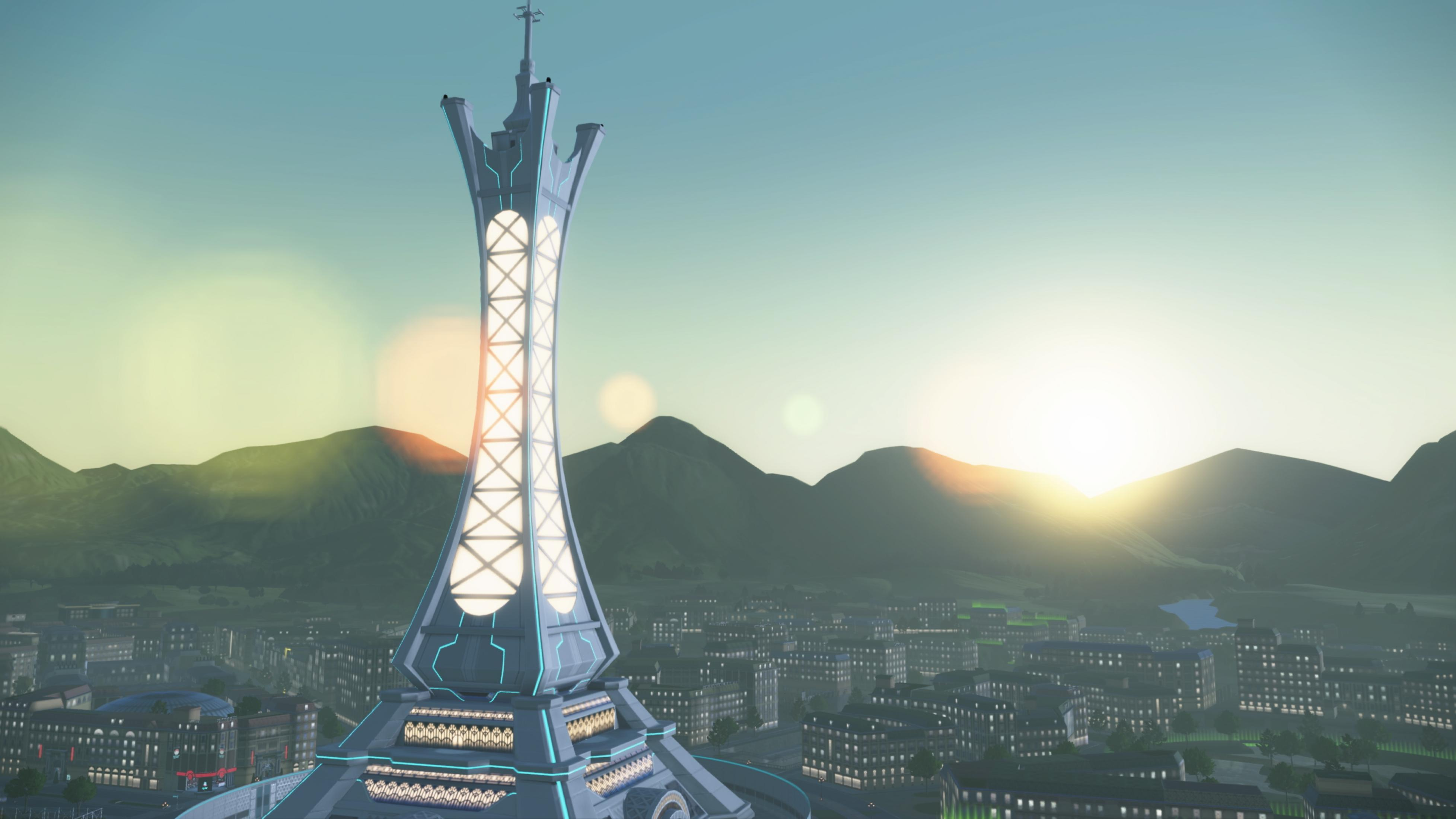 Una torre futuristica si erge su una città al tramonto, montagne sullo sfondo.