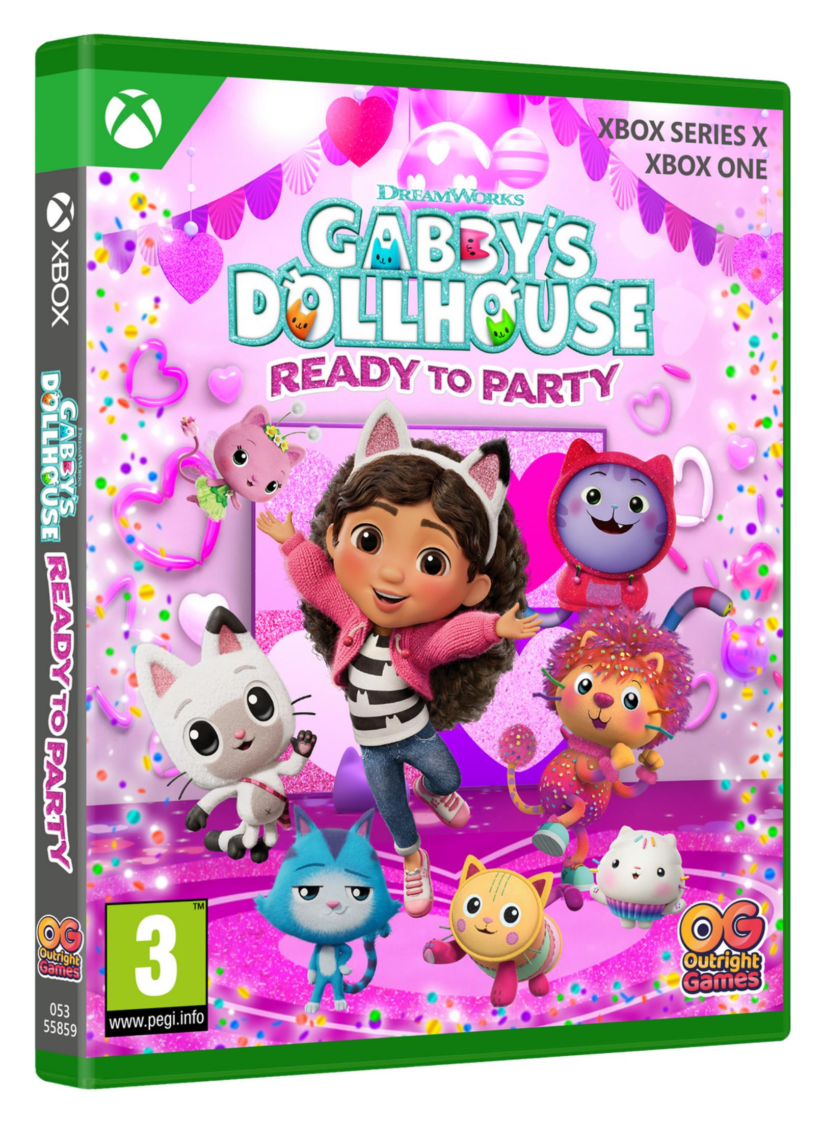 Funda de juego de Xbox Gabby's Dollhouse: Ready to Party con Gabby y amigos gatos sobre fondo pastel.