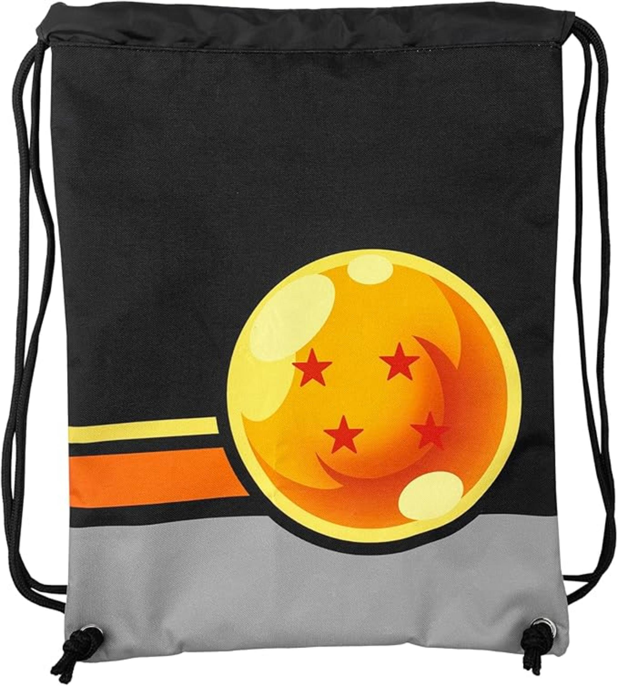 Bolsa negra con cordón y diseño de Dragon Ball, franjas naranjas y amarillas.