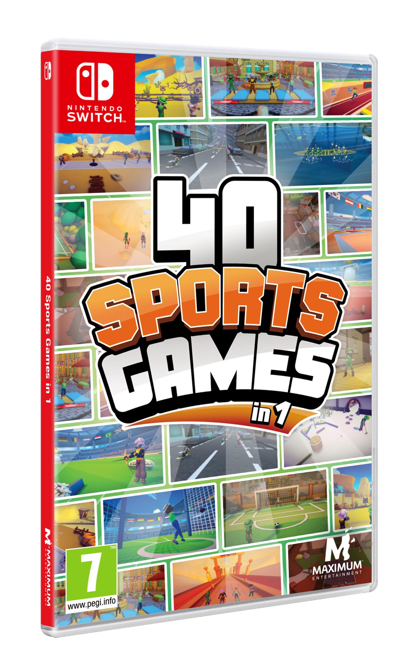Custodia gioco Nintendo Switch '40 Sports Games in 1'. Collage di varie scene di giochi sportivi.