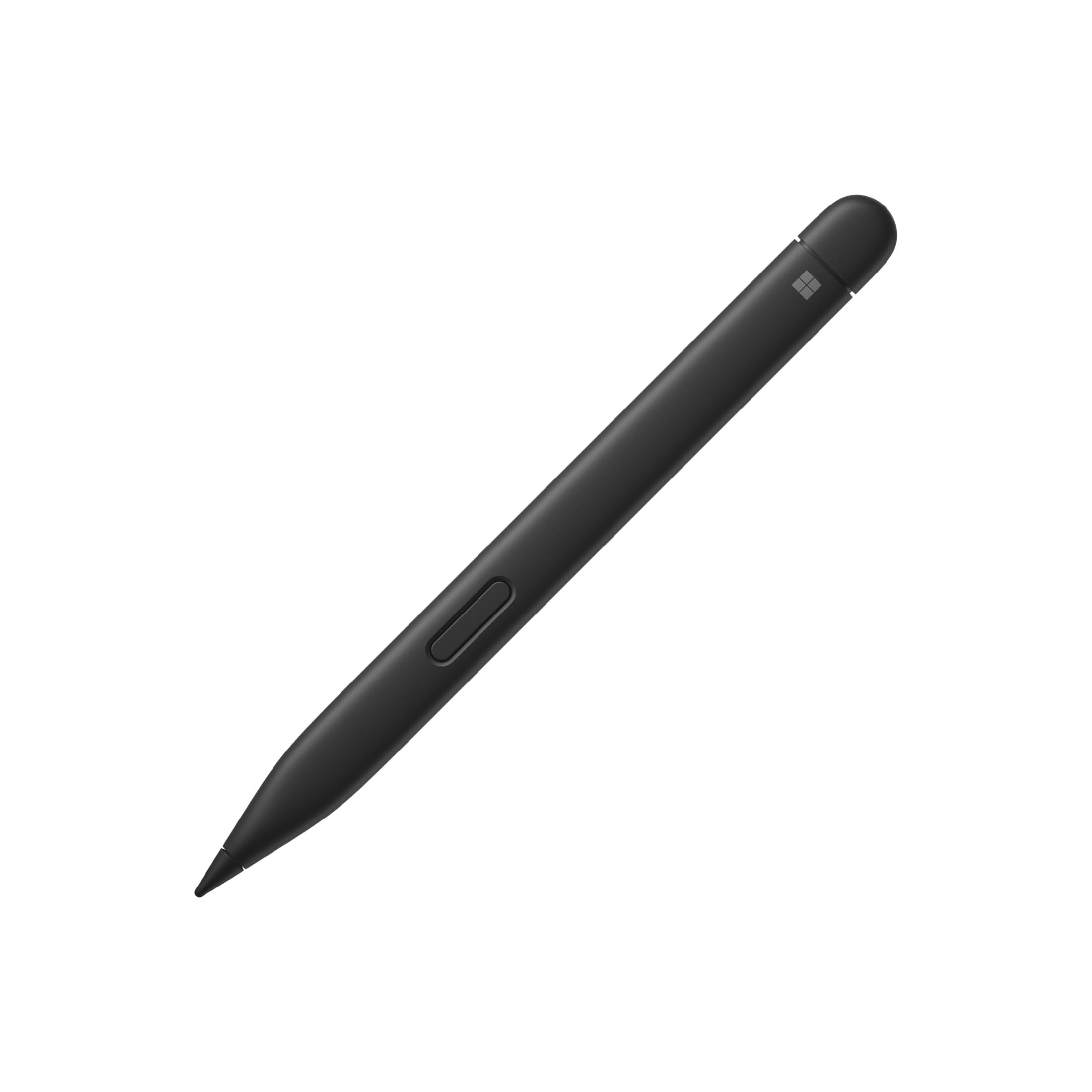 Un elegante lápiz óptico negro con un solo botón y el logo de Microsoft.