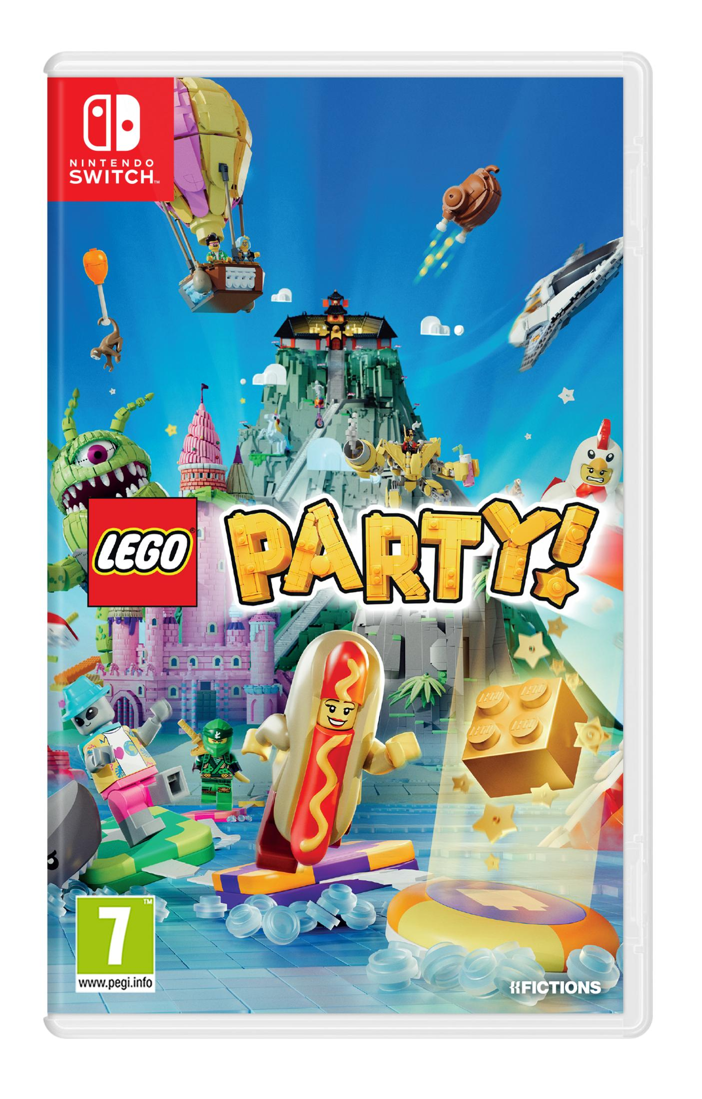 Portada de Lego Party: figura de perrito caliente flota, colorida escena de castillo.
