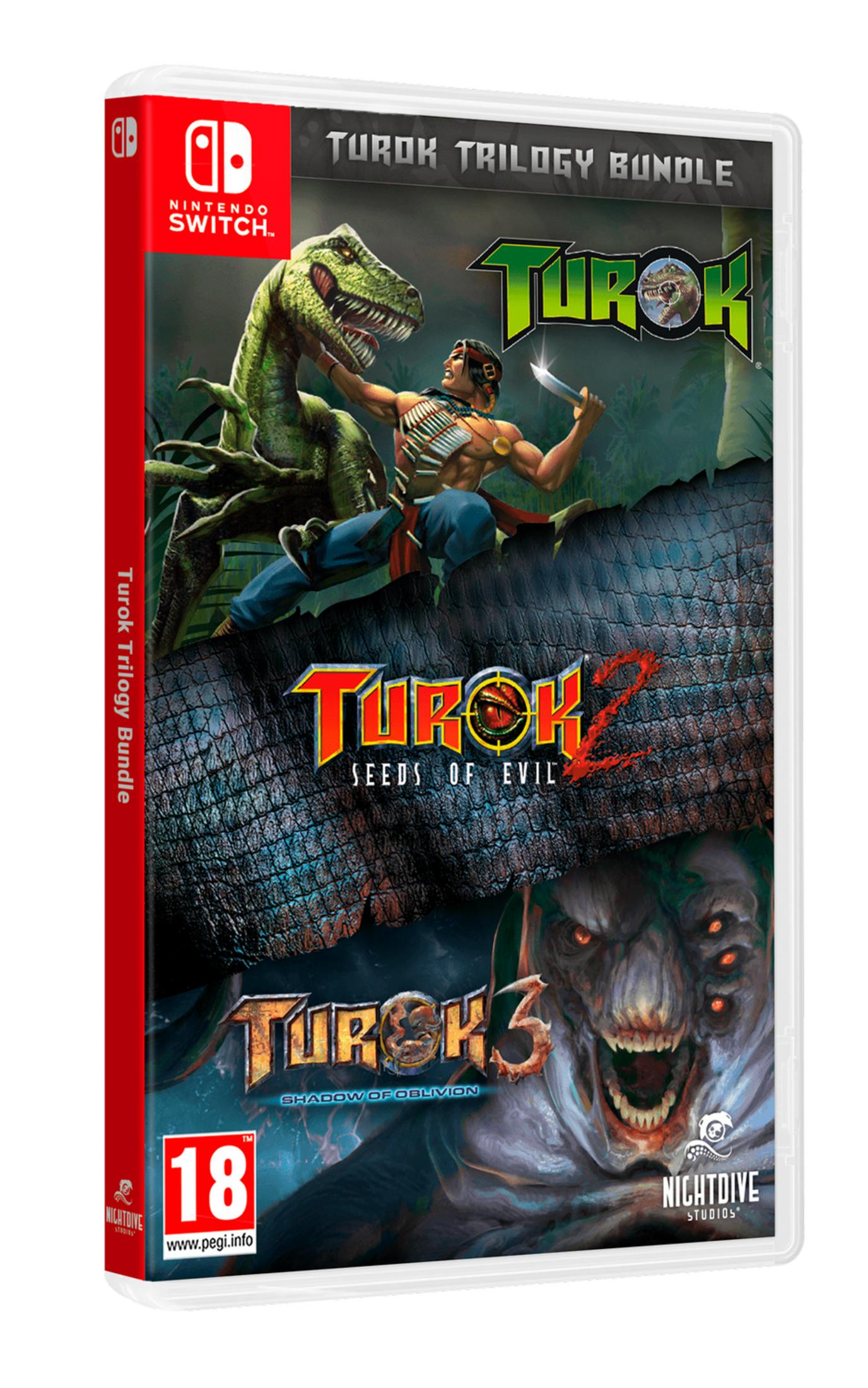 Funda Nintendo Switch Turok Trilogy Bundle: hombre vs dinosaurio y monstruo.