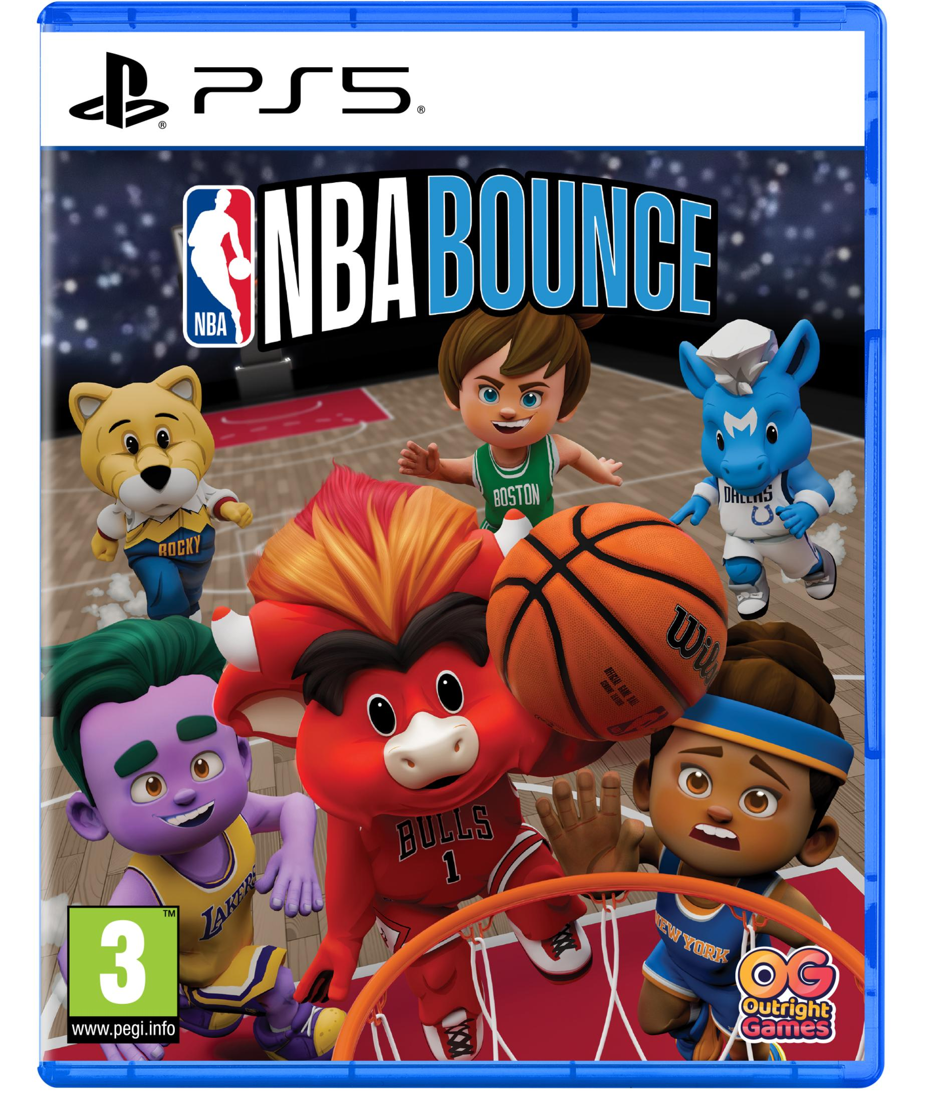 Portada del juego con mascotas de la NBA y un balón de baloncesto, "NBA Bounce".