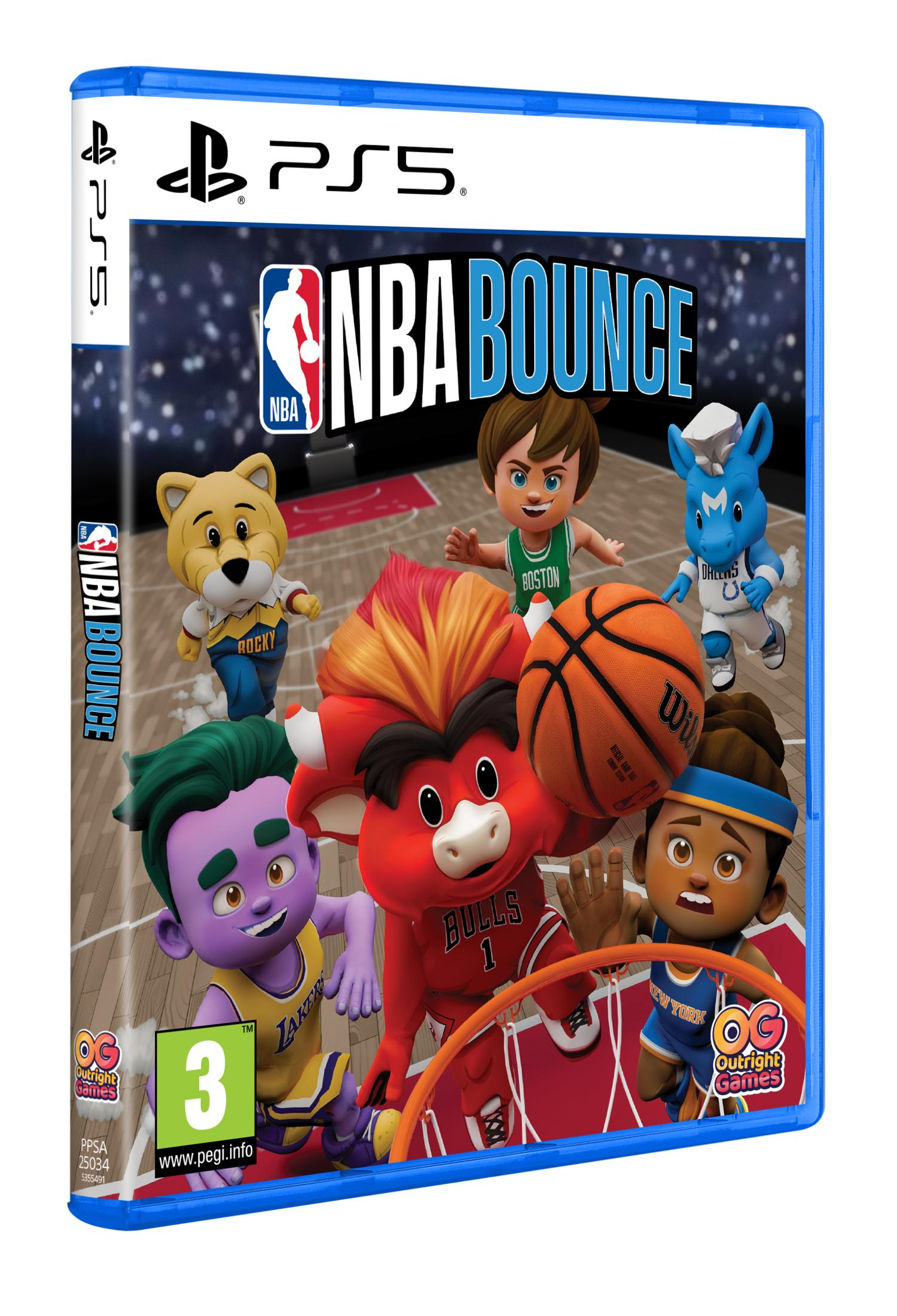 Caja de juego PS5 para NBA Bounce con personajes de baloncesto de dibujos animados en una cancha.
