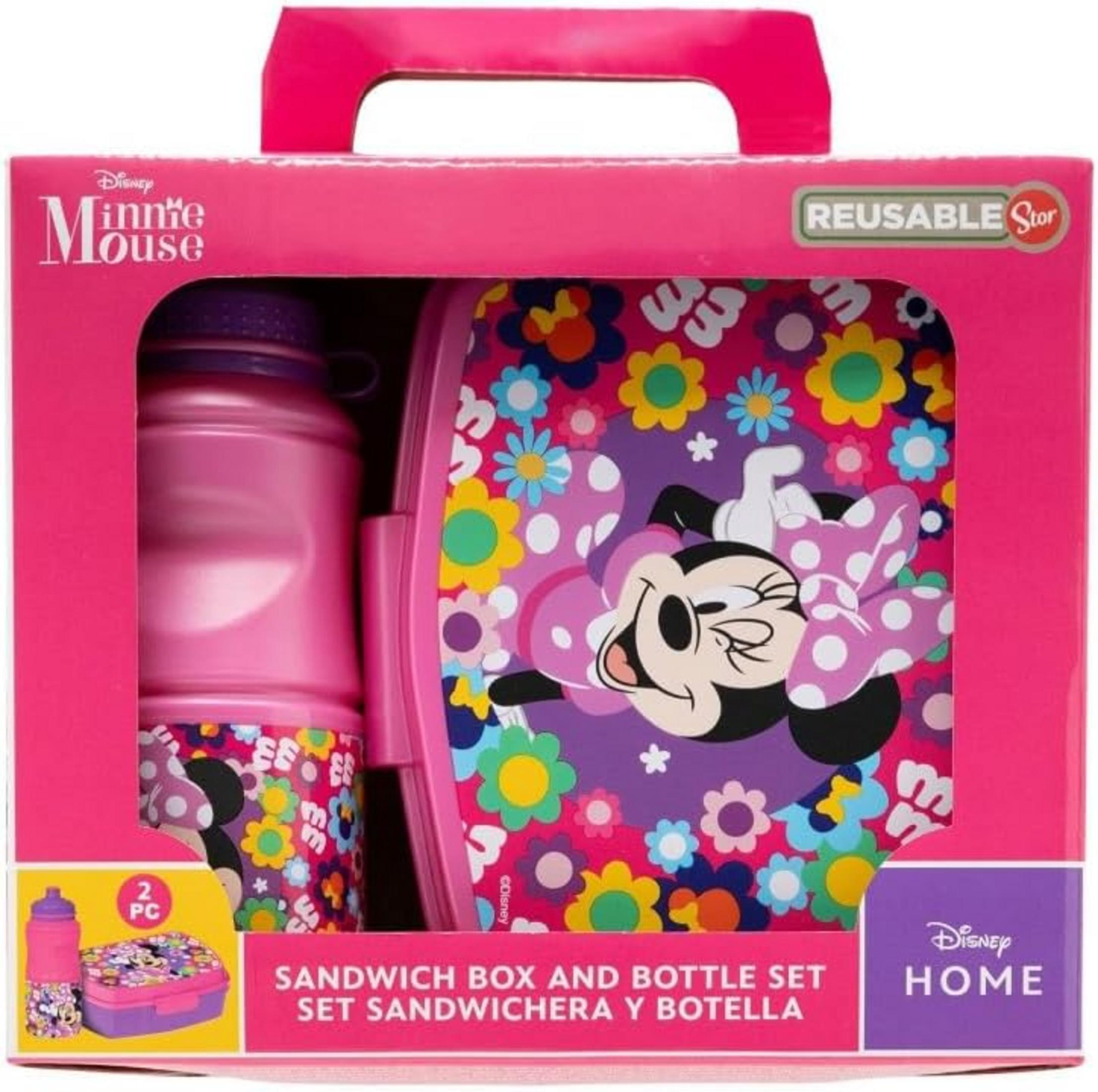 Fiambrera y botella rosa de Minnie Mouse con estampado floral.