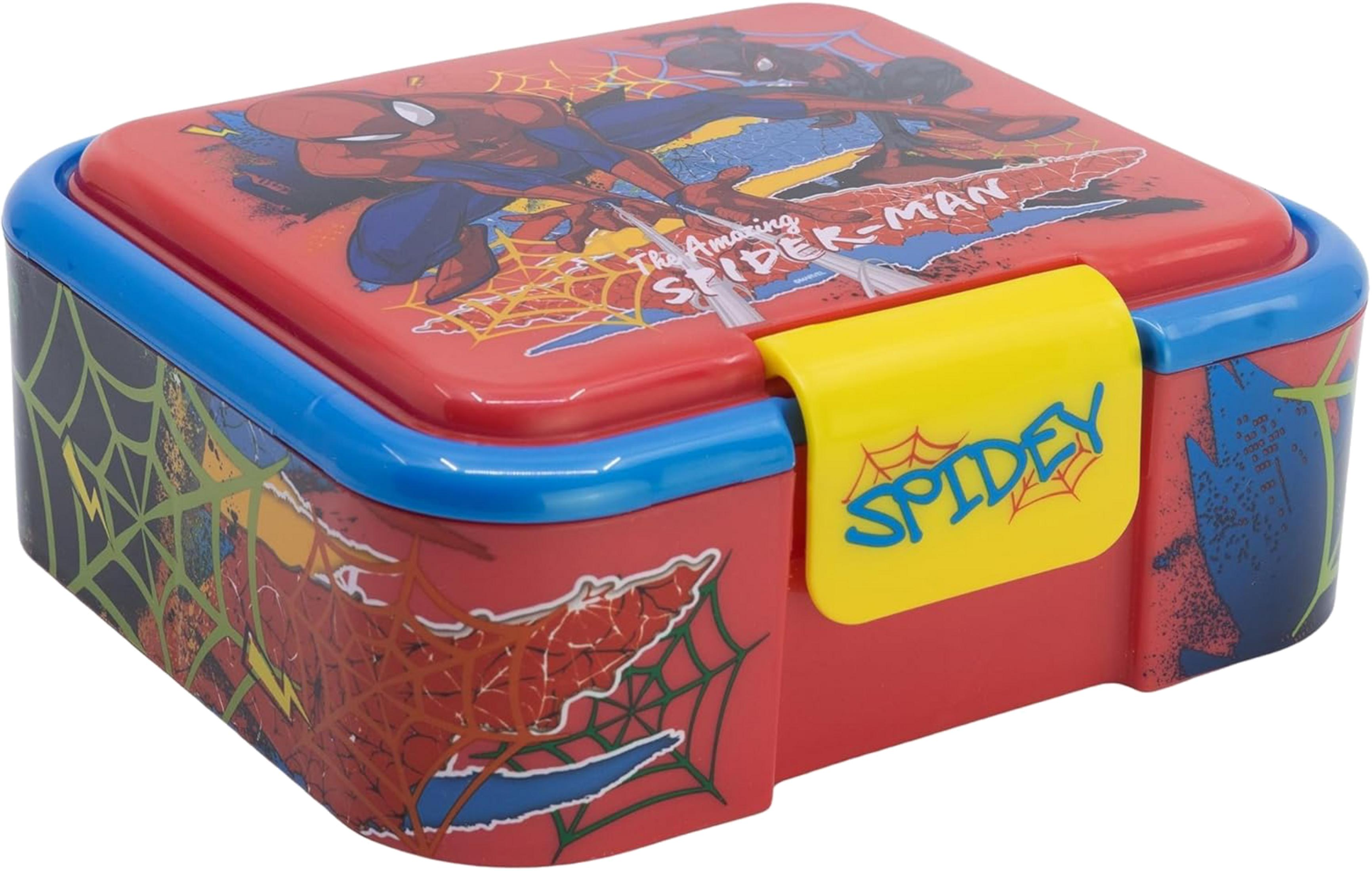 Fiambrera roja de Spiderman con borde azul y cierre amarillo. Con gráficos de Spiderman.