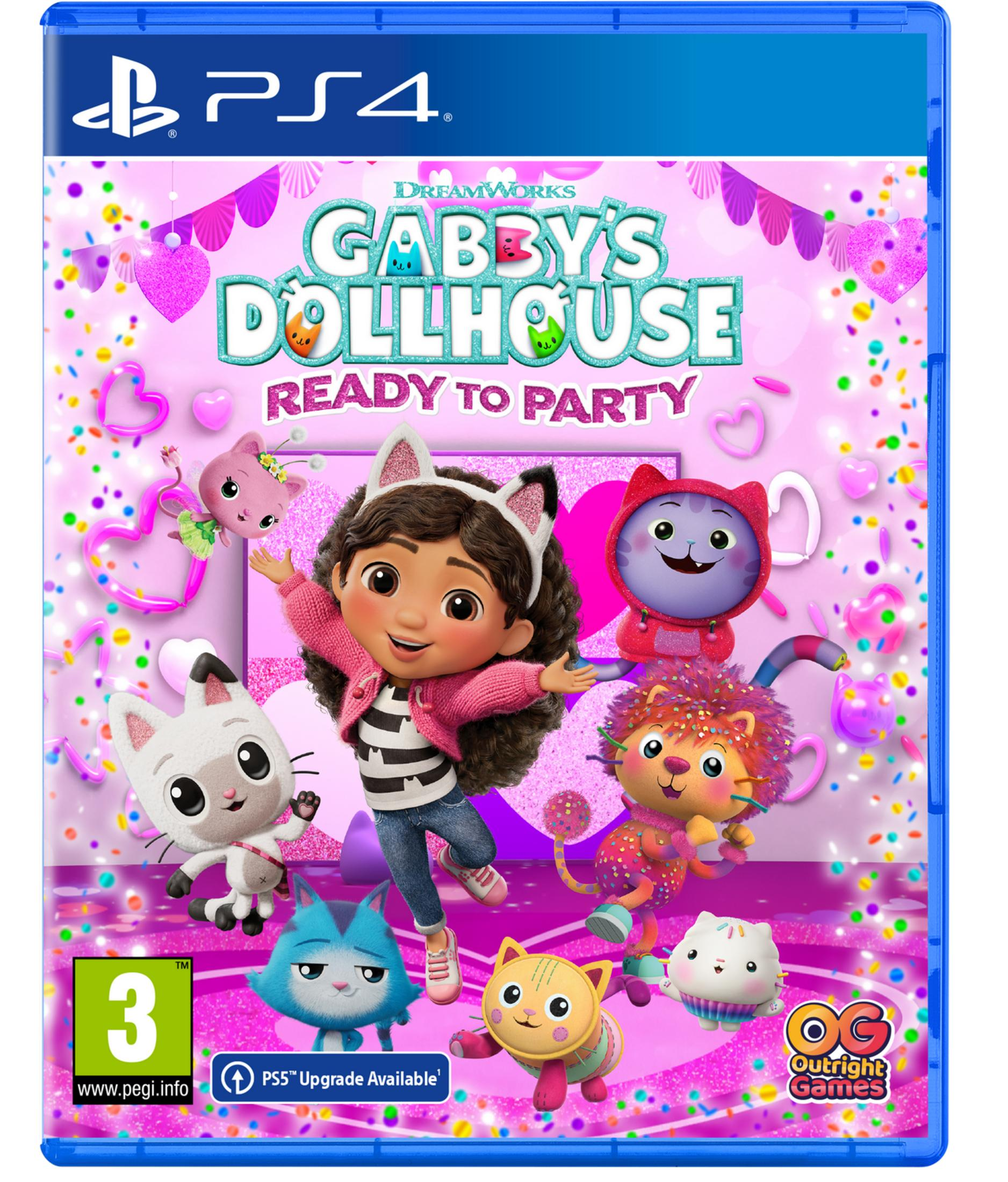 Portada del juego Gabby's Dollhouse: Ready to Party PS4 con Gabby y amigos gatos.