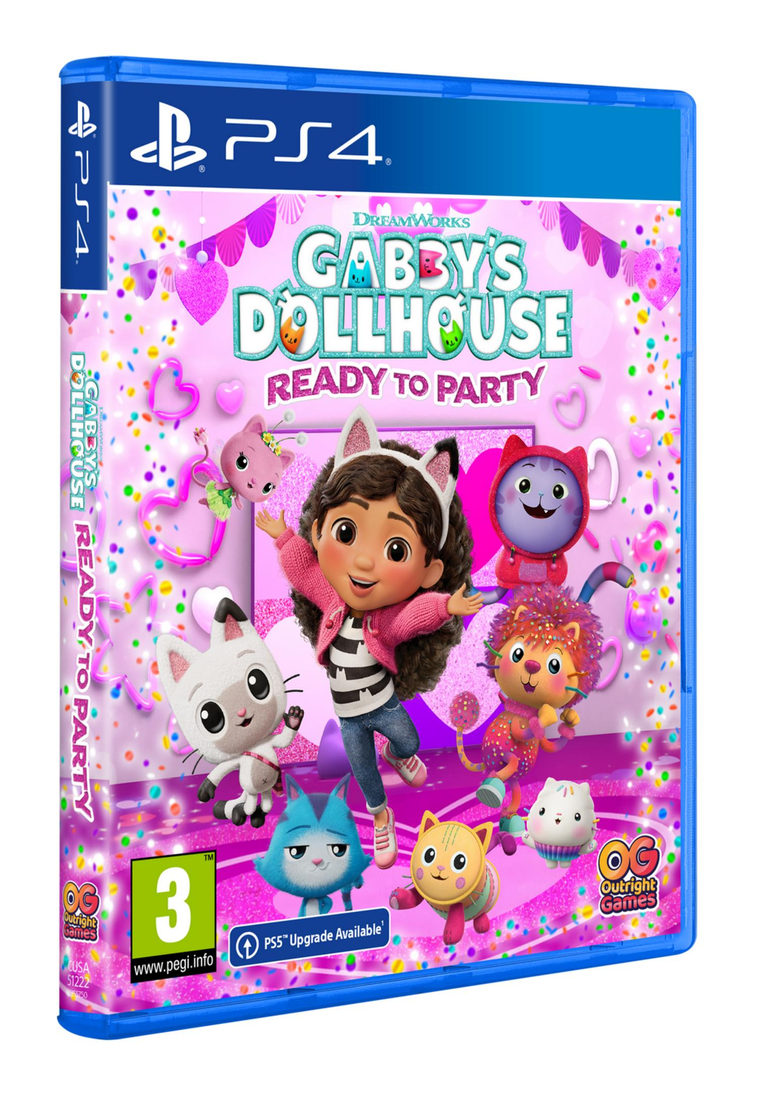 Portada del juego Gabby's Dollhouse: Ready to Party para PS4 con Gabby y personajes.