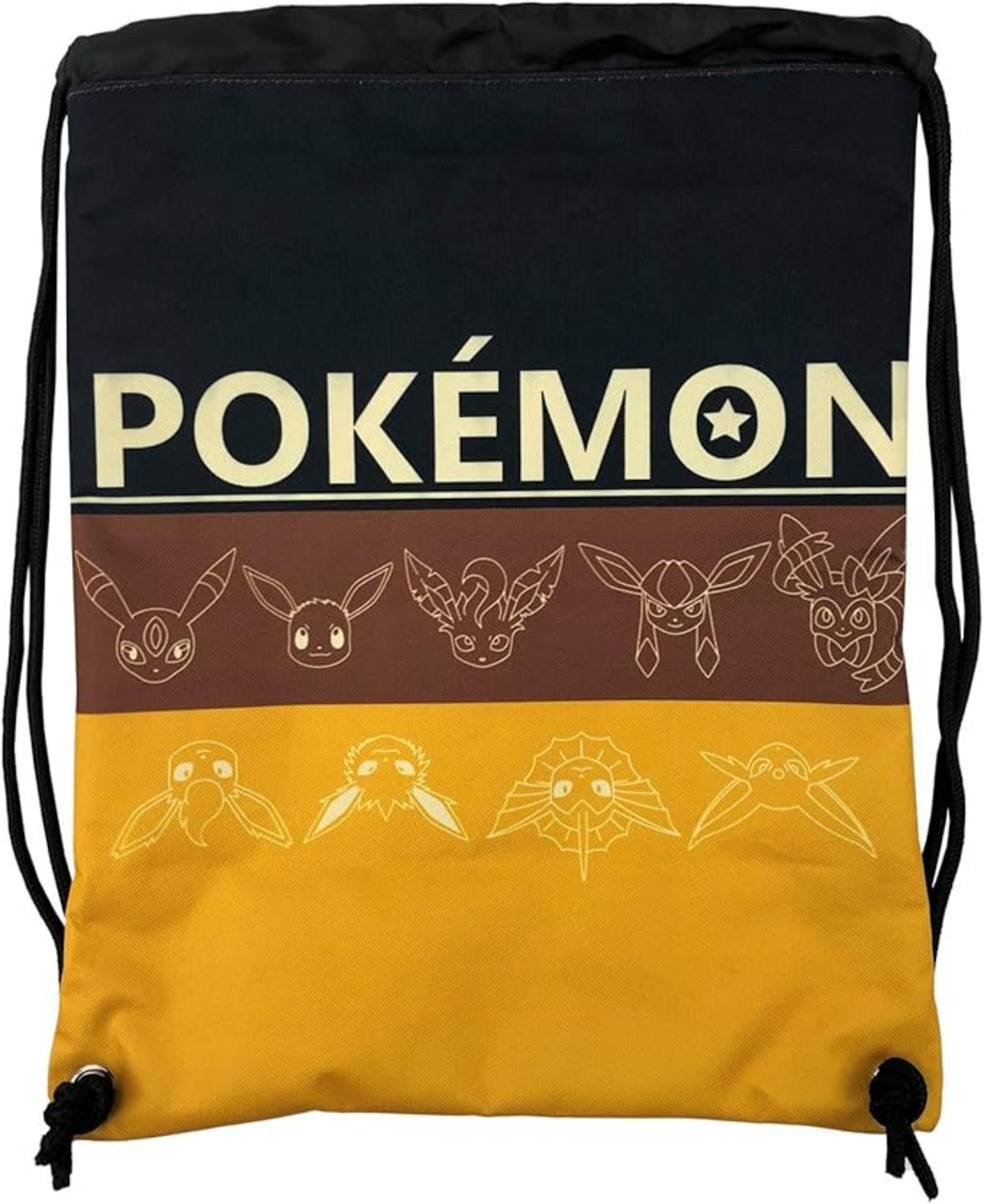Bolsa negra con logo y personajes de Pokémon, amarilla/marrón.