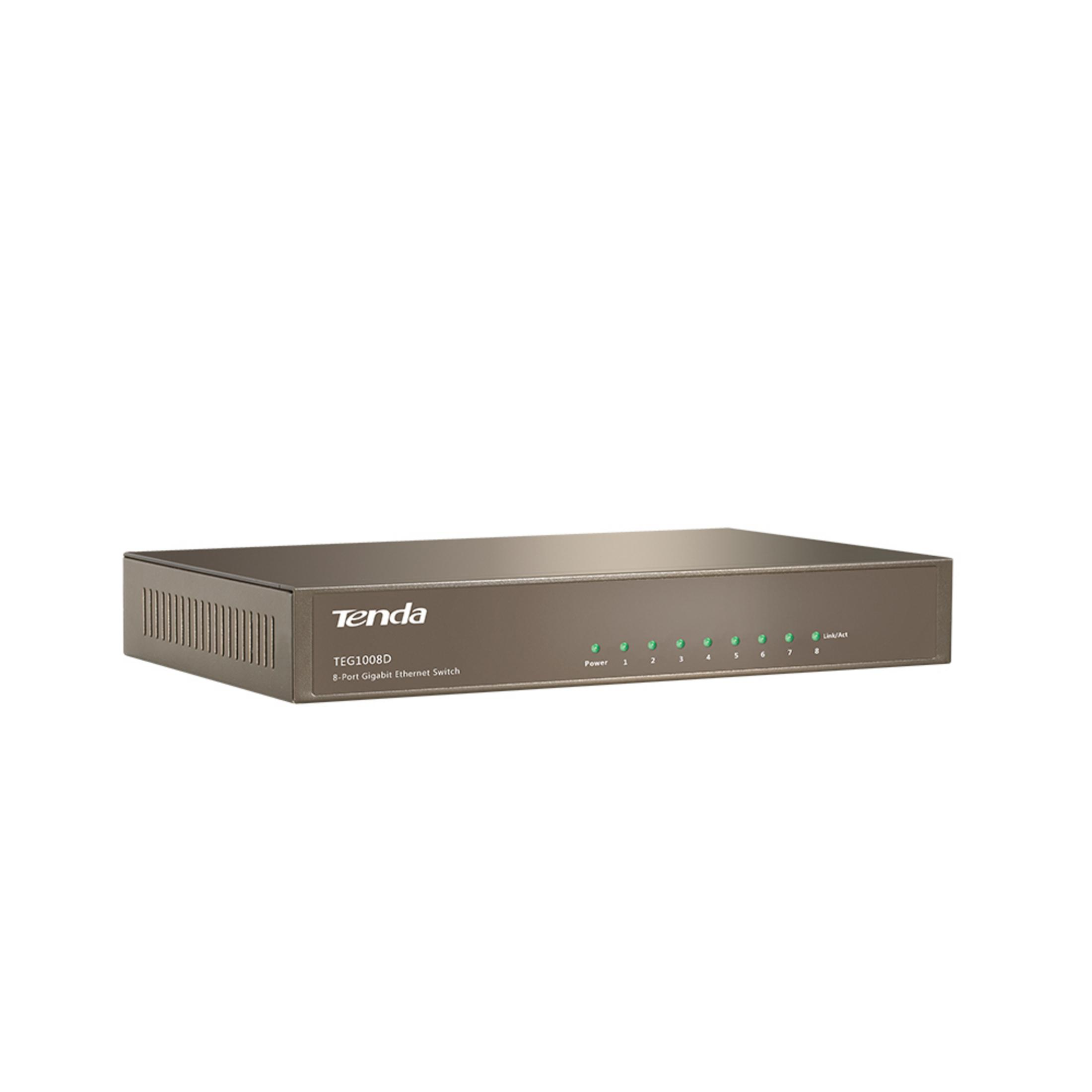 Un switch Ethernet Gigabit Tenda gris de 8 puertos con LEDs de estado.