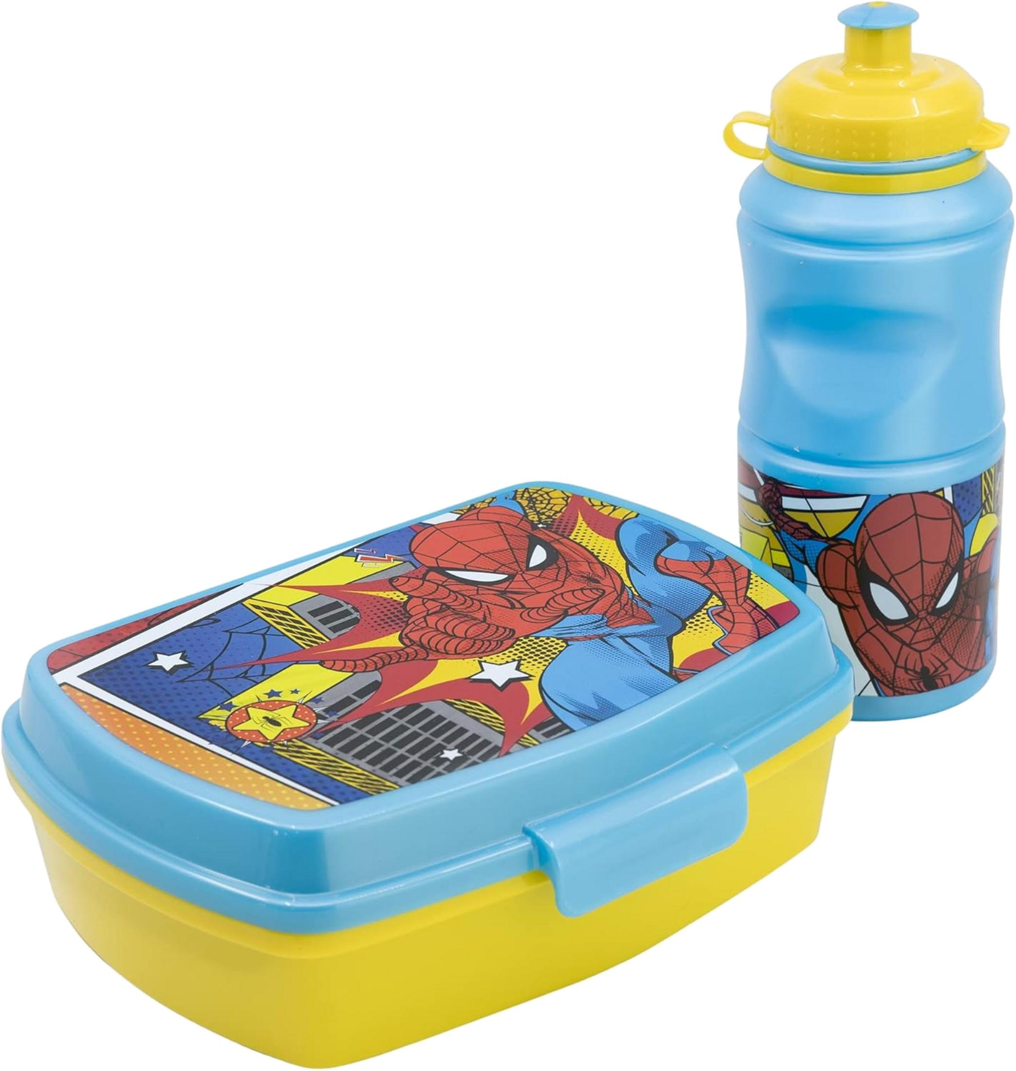 Una lonchera amarilla y una botella de agua azul con gráficos de Spiderman.