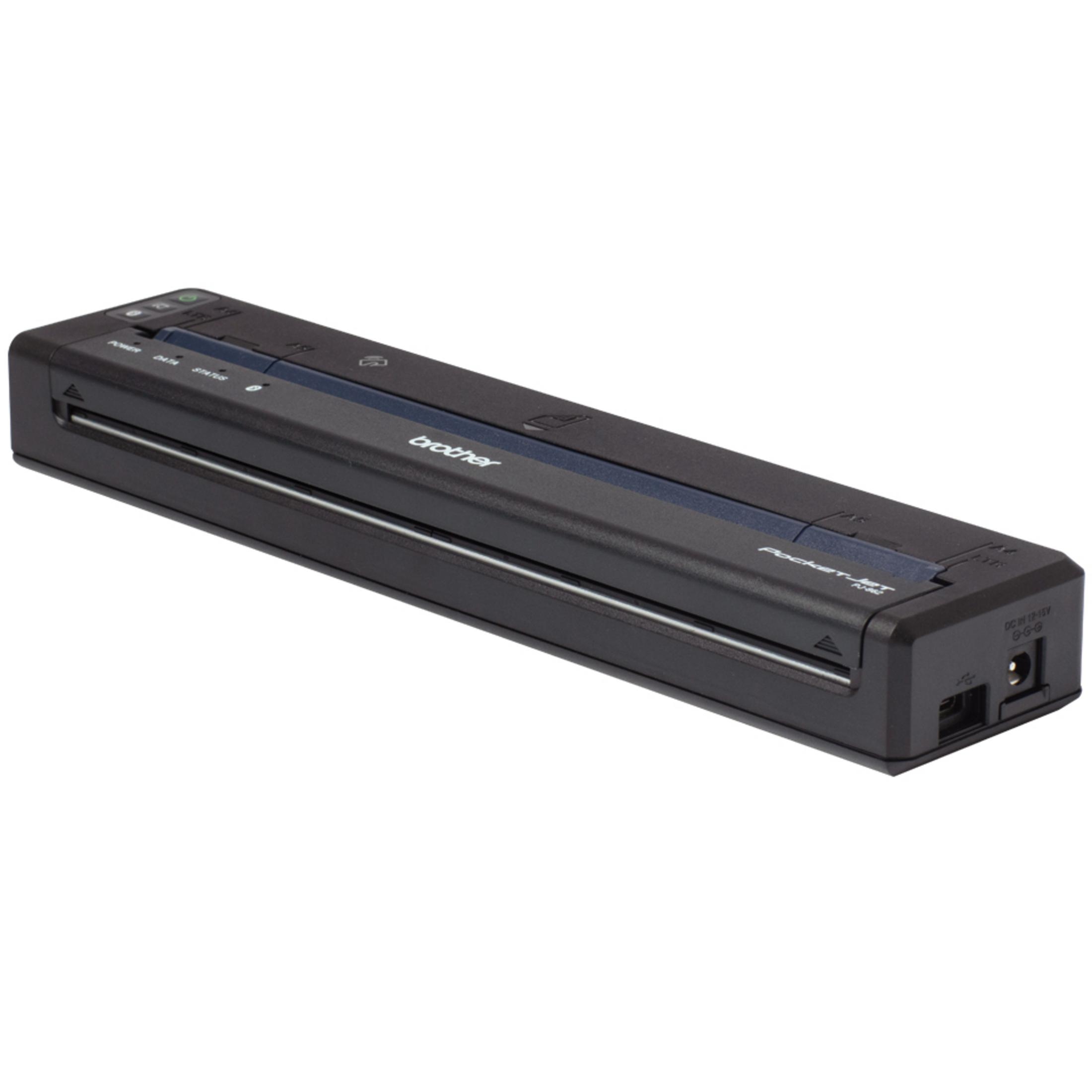 Schwarzer Brother PocketJet Drucker mit blauem Streifen und Power/Daten/Status-Anzeigen.