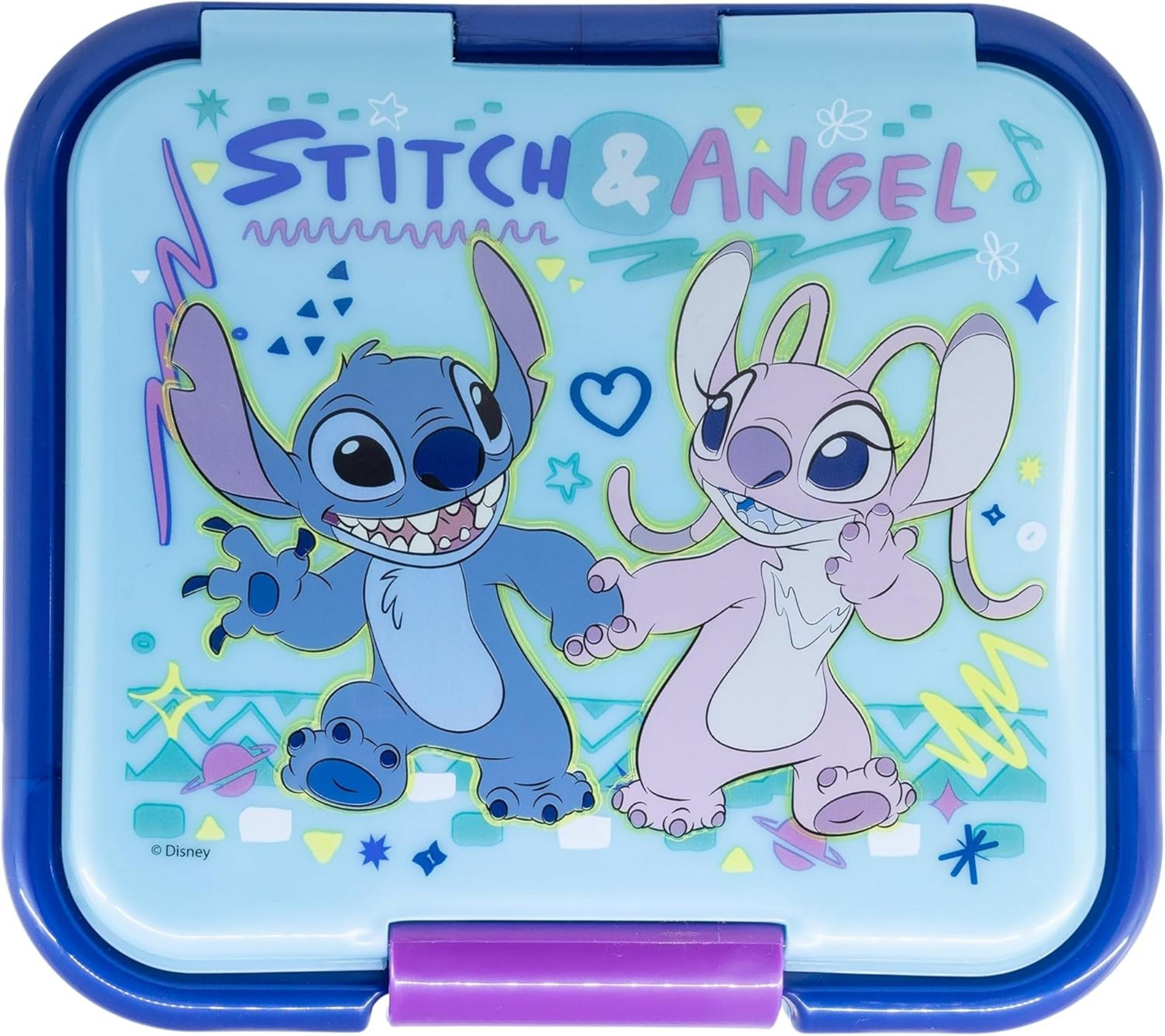 Fiambrera azul con Stitch y Angel cogidos de la mano. Texto 'Stitch & Angel'.