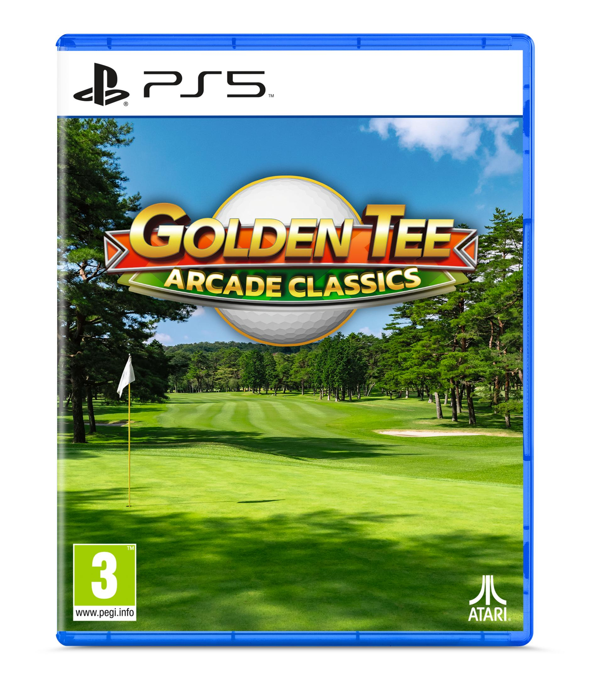 Copertina gioco PS5 Golden Tee Arcade Classics. Campo da golf verde, alberi, cielo.