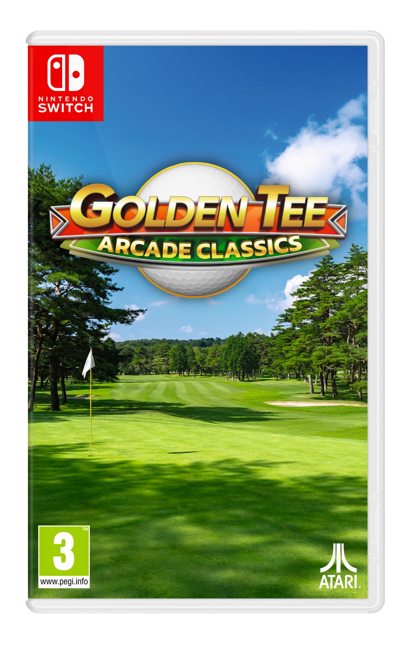 Gioco Nintendo Switch "Golden Tee Arcade Classics" con campo da golf, alberi e cielo blu.