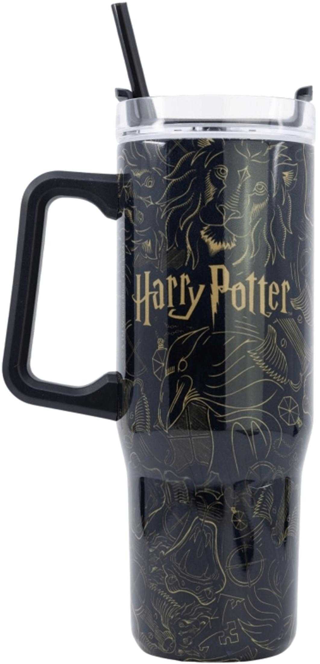 Taza negra de Harry Potter con arte lineal dorado de leones, búhos y símbolos.