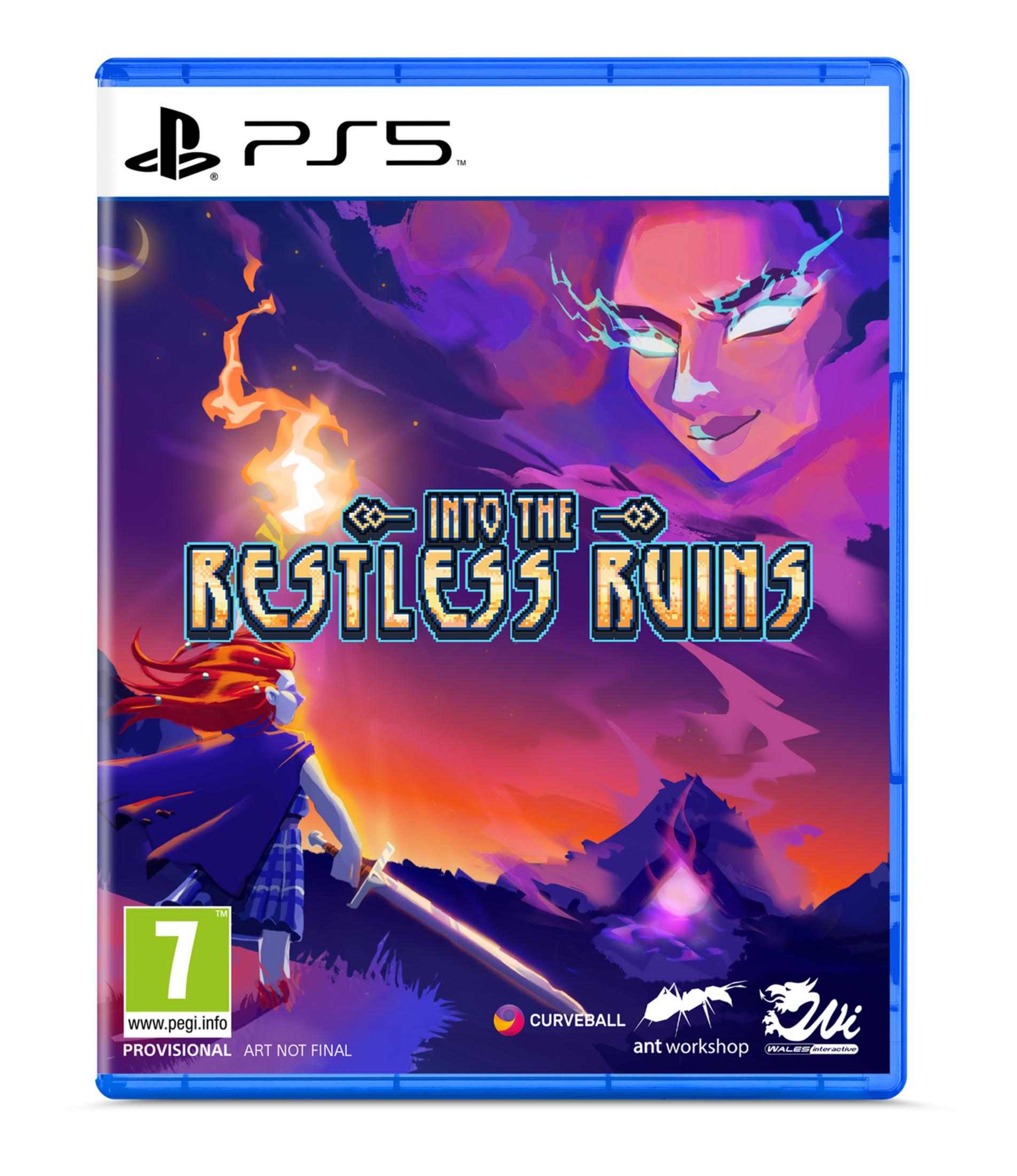 Copertina gioco PS5: Ragazza capelli rossi affronta nemico infuocato. Titolo: Into the Restless Ruins.