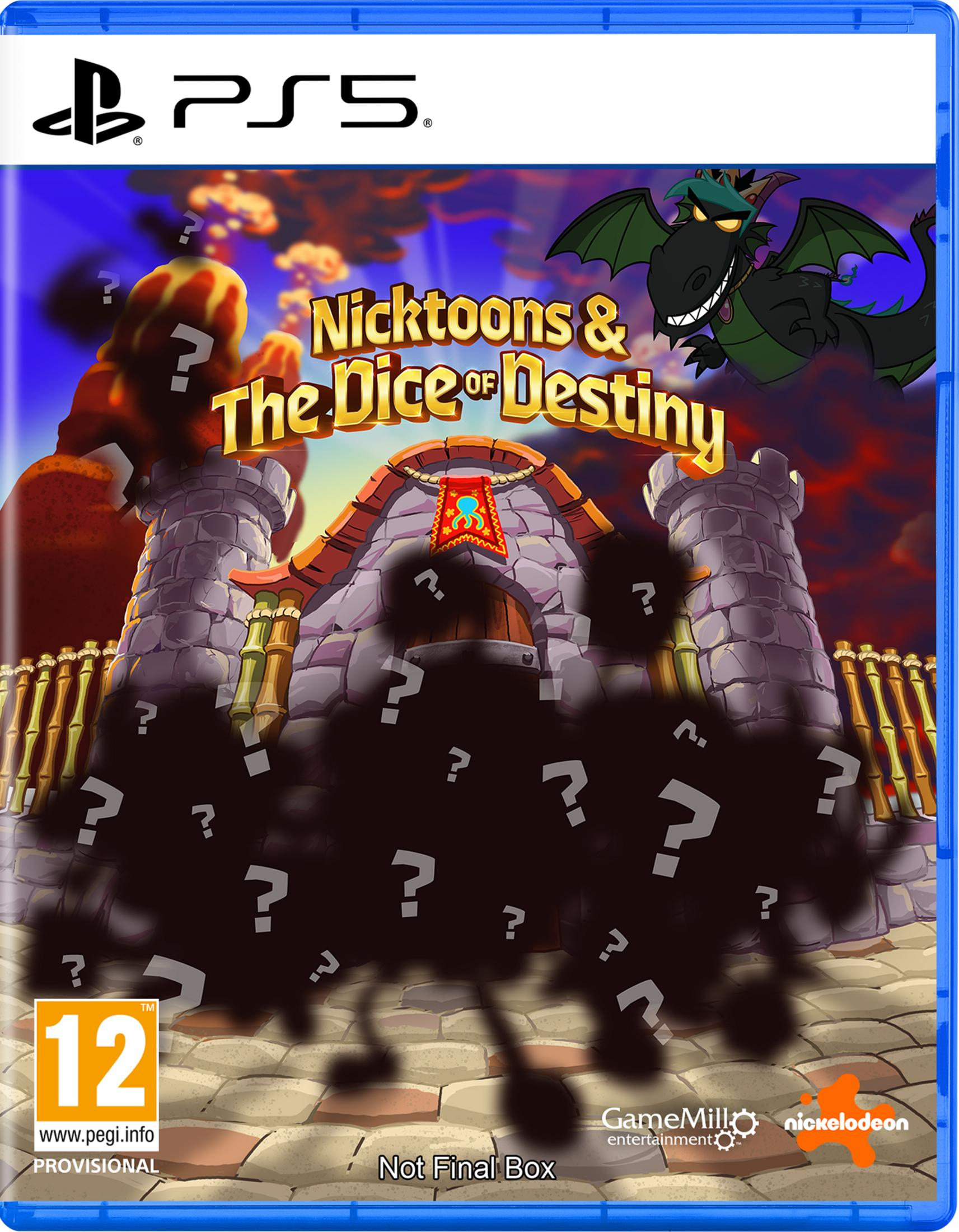 Un drago nero vola su un castello con il titolo "Nicktoons & The Dice of Destiny".