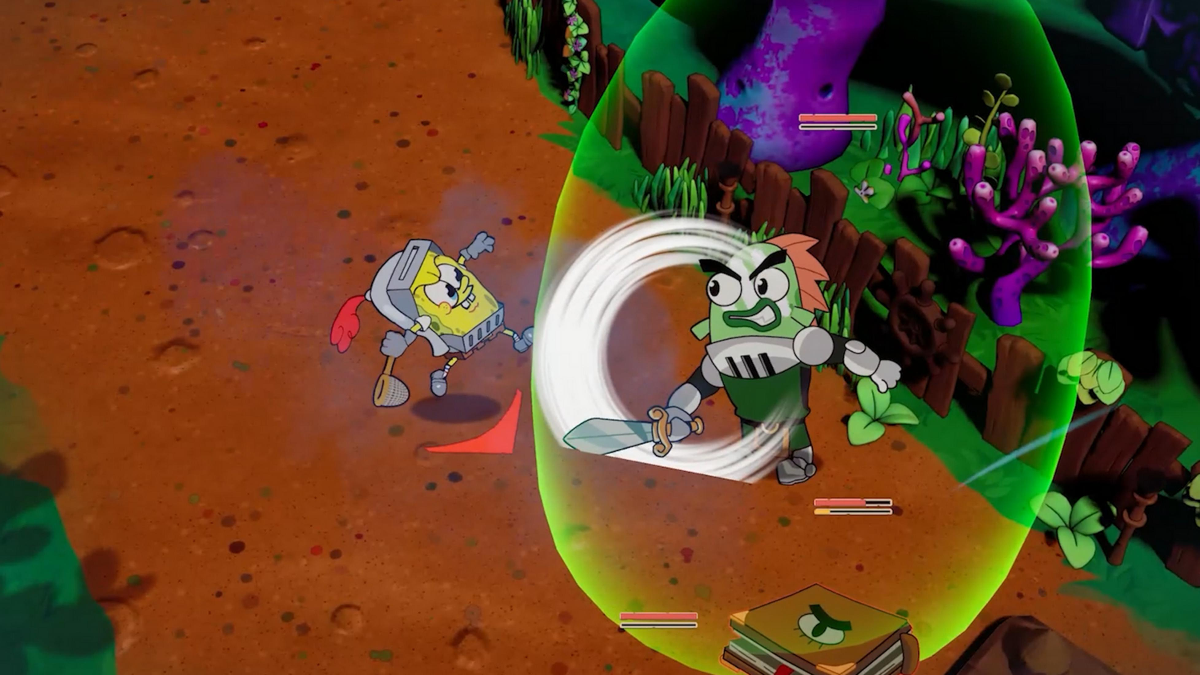 SpongeBob come cavaliere combatte un avversario verde con la spada.