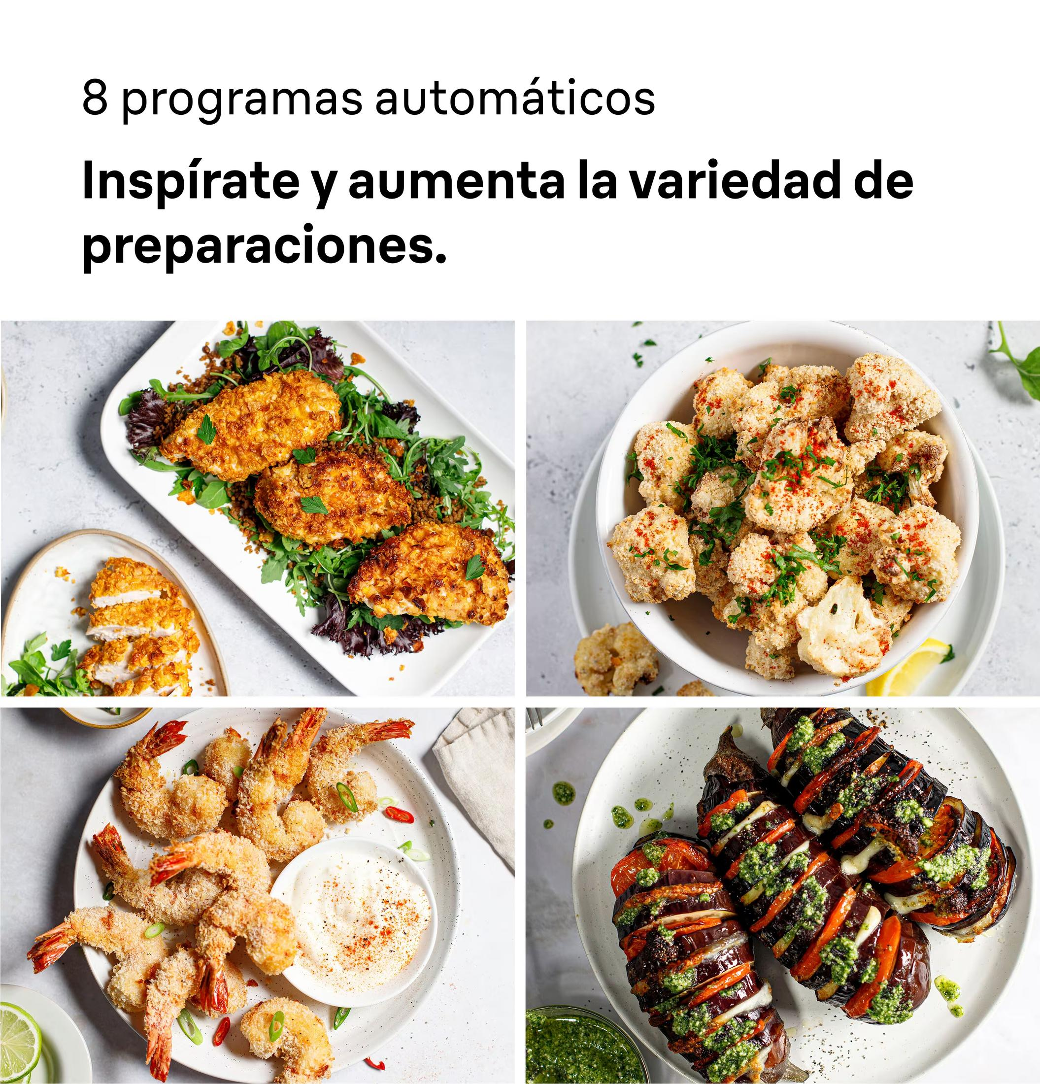 Four dishes: breaded chicken, cauliflower, shrimp, and eggplant roulades.