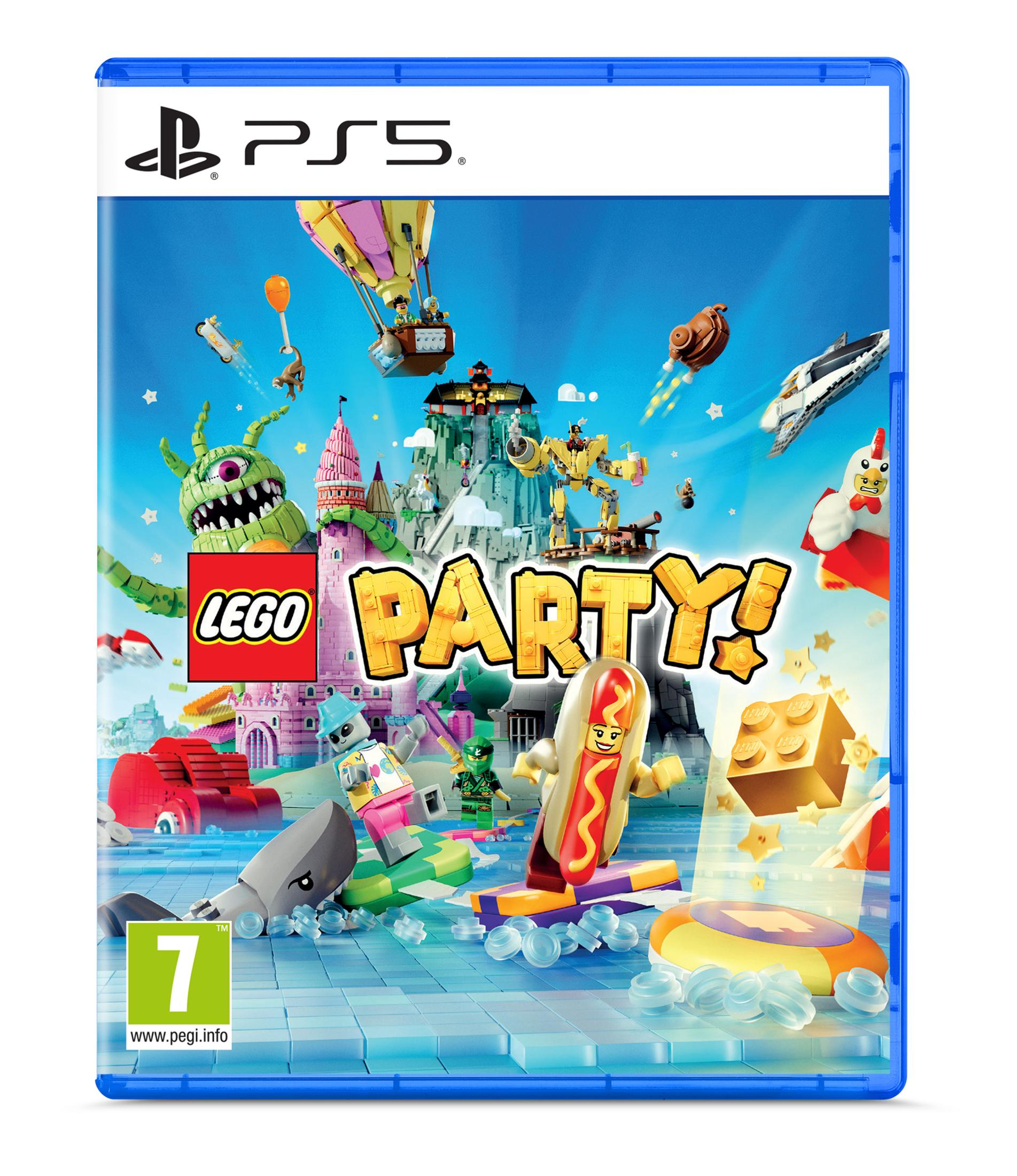 Portada Lego Party PS5: estilo cartoon, monstruo, castillo, figura de hot dog.