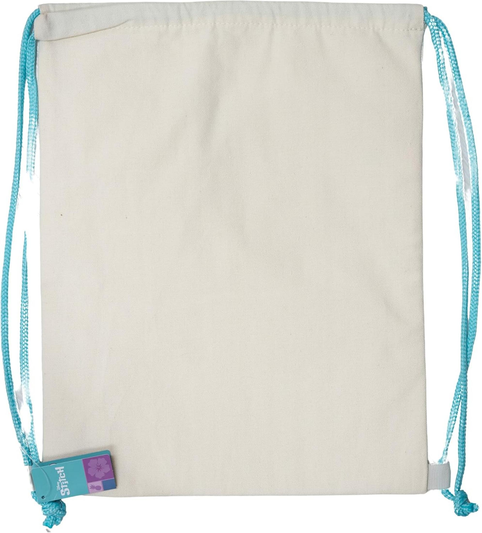 Eine schlichte, cremefarbene Beuteltasche mit blauen Kordeln. Ein kleines blaues Schild mit Stitch-Logo ist angebracht.