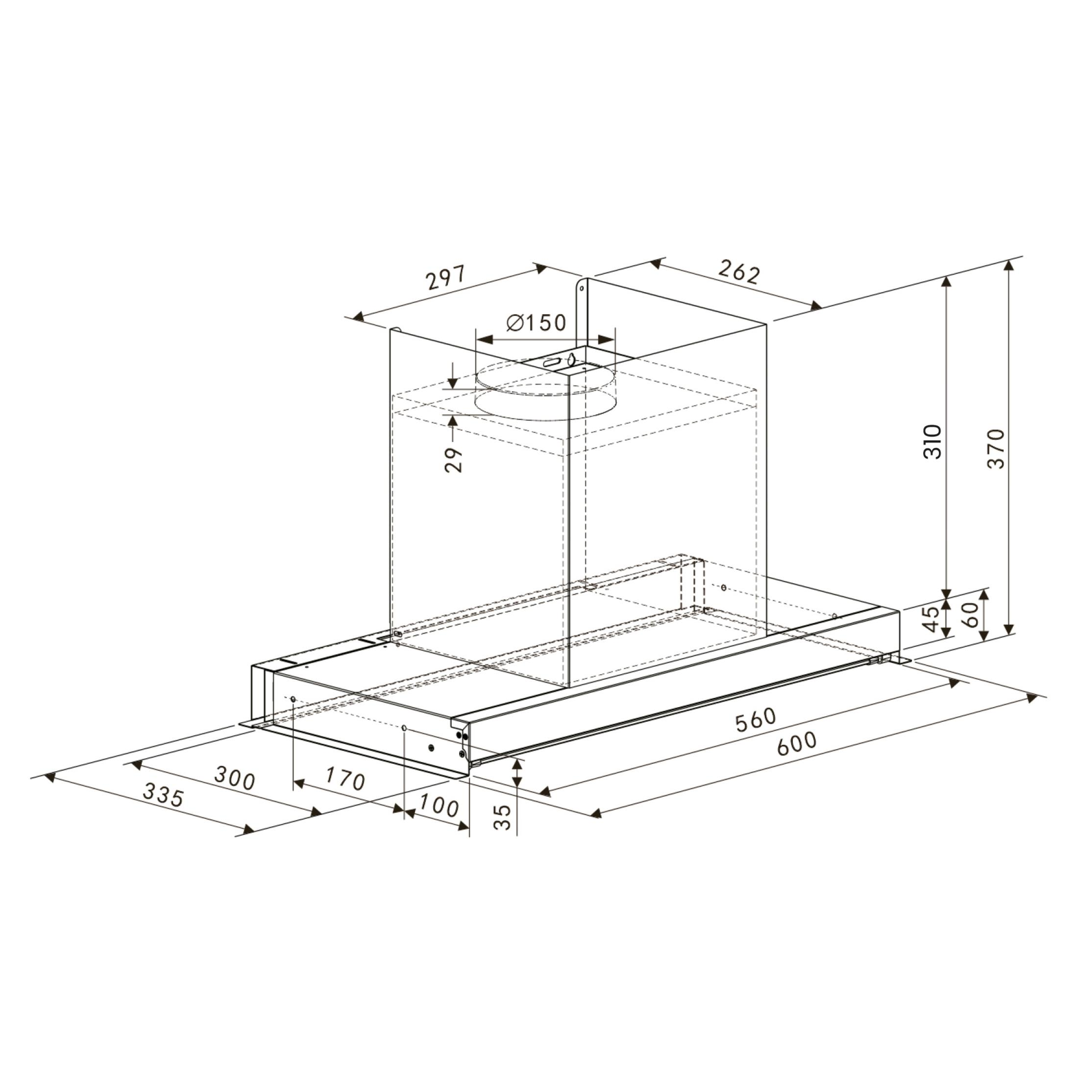 Disegno tecnico di una cappa aspirante con dimensioni.