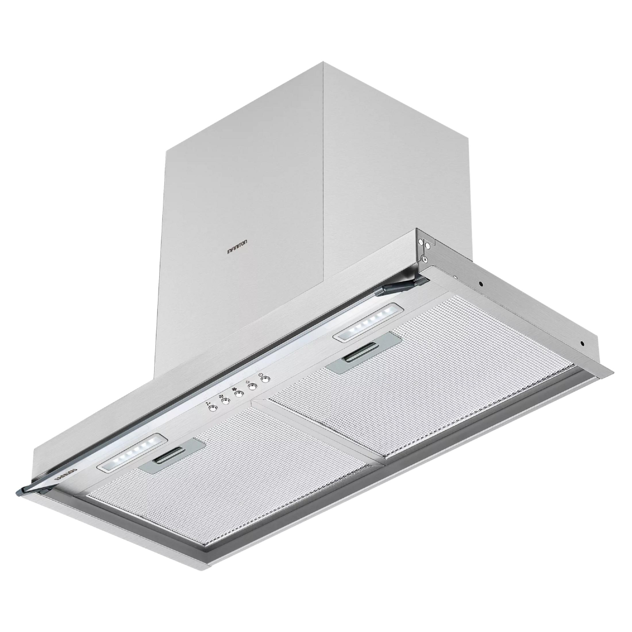 Cappa aspirante in acciaio inox con luci e pulsanti.