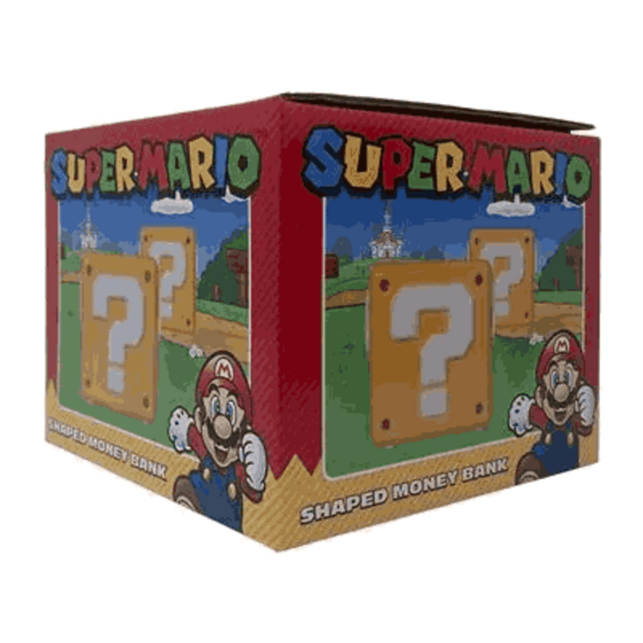 Hucha de Super Mario con bloques de interrogación y figura de Mario.