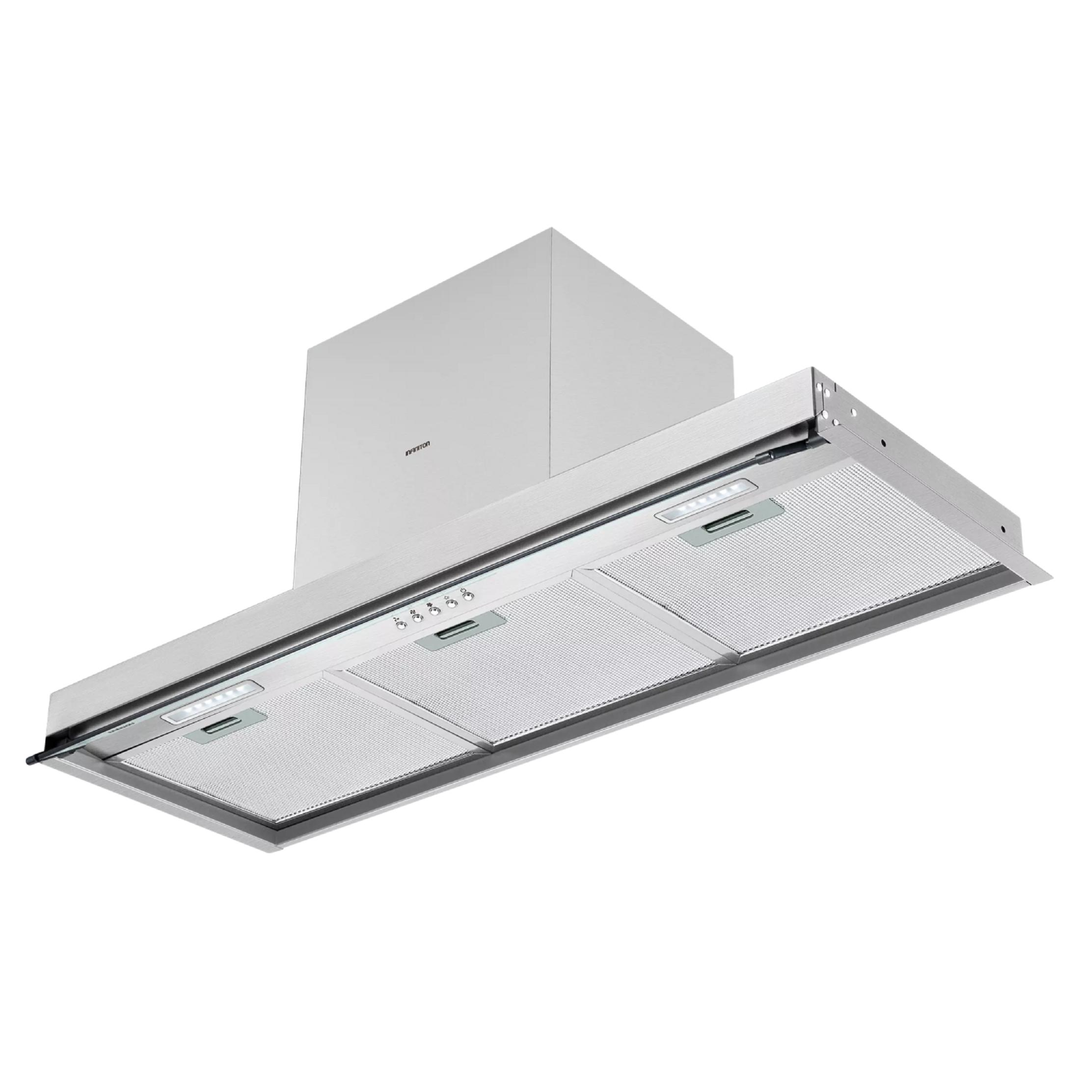Una moderna campana extractora de acero inoxidable con luces y botones.