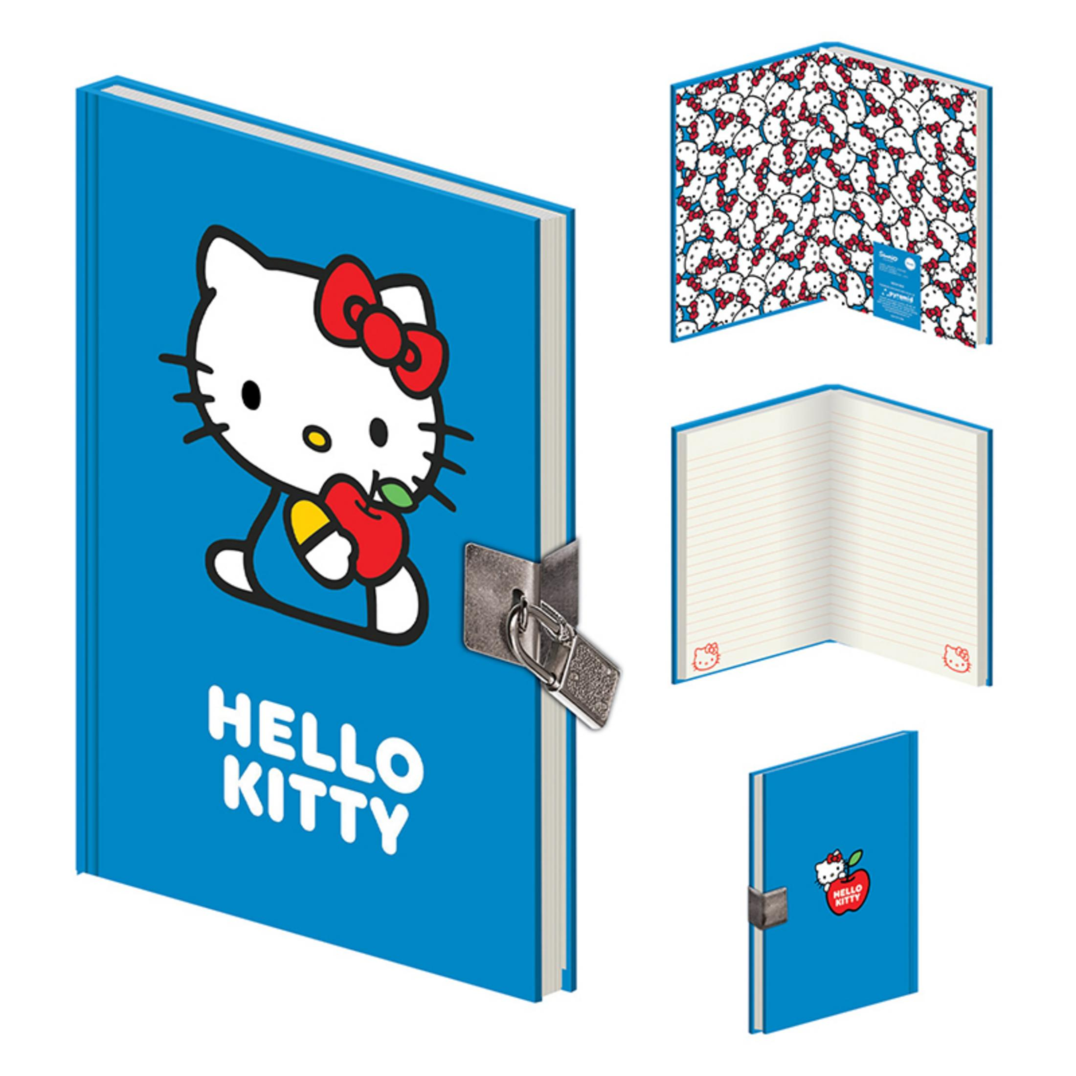 Ein blauer Notizblock mit Hello Kitty, der einen Apfel hält. Mit Schloss.