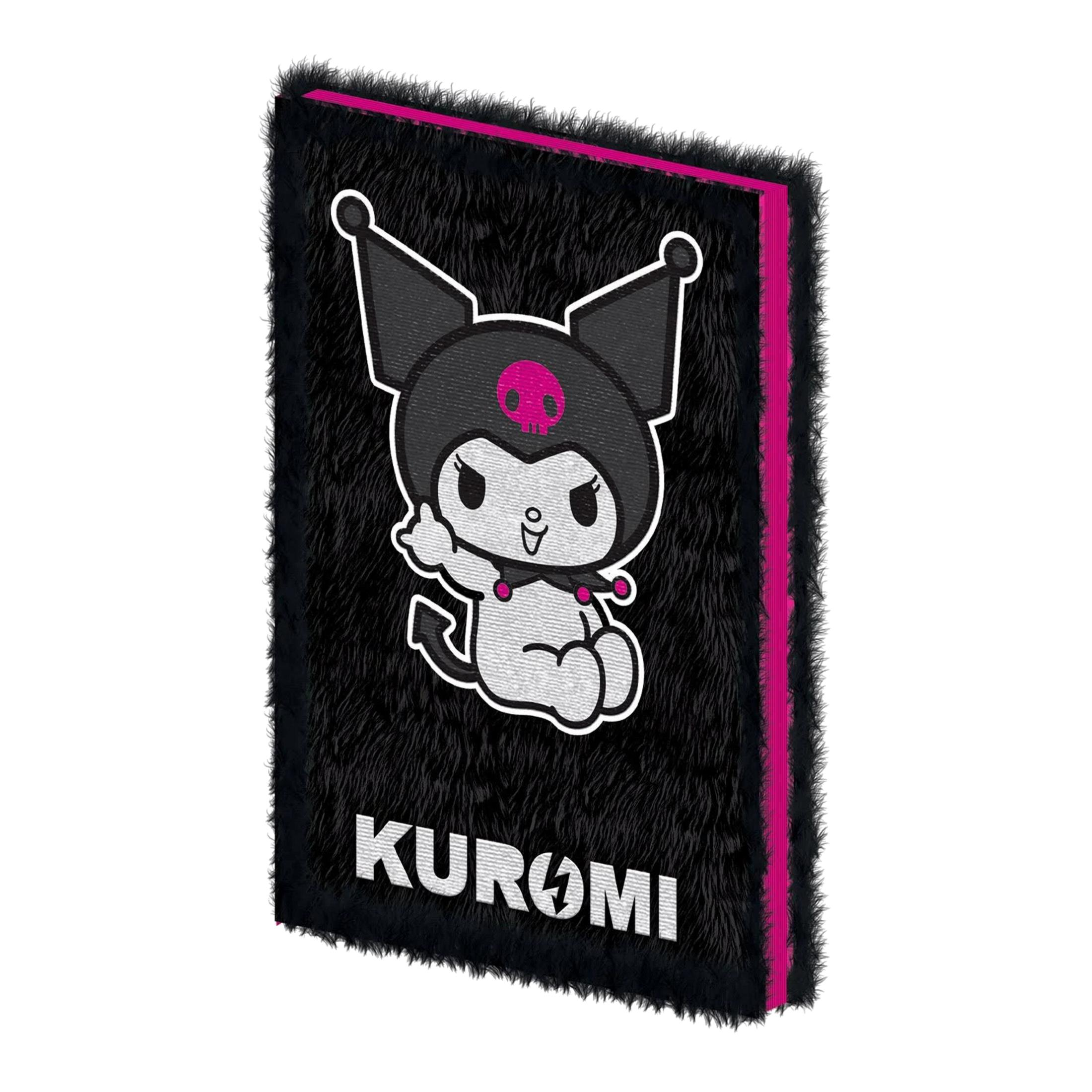 Czarny, futrzasty folder z motywem Kuromi i różowym wykończeniem.