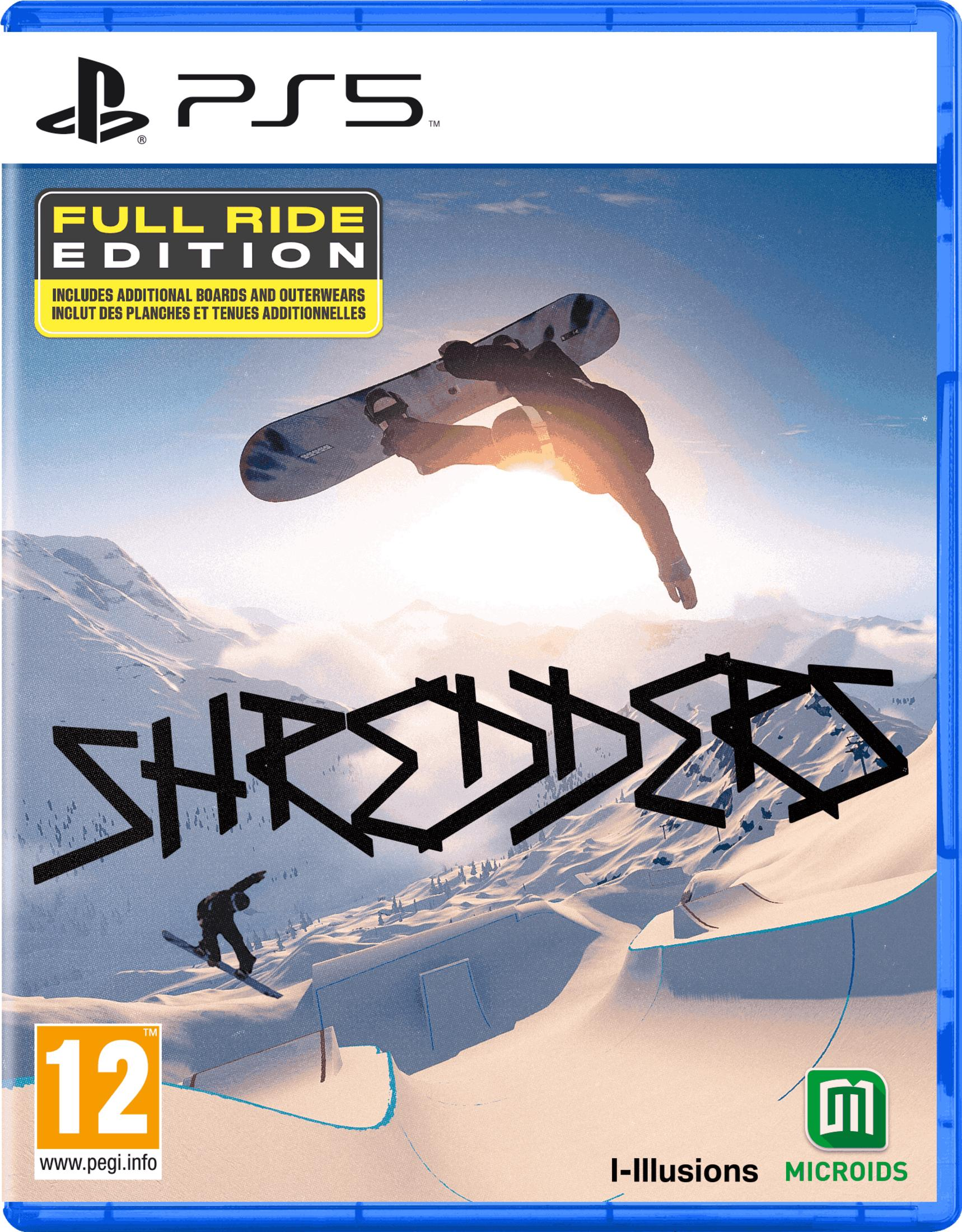 Snowboarder salta in aria con montagne sullo sfondo. Copertina gioco PS5.