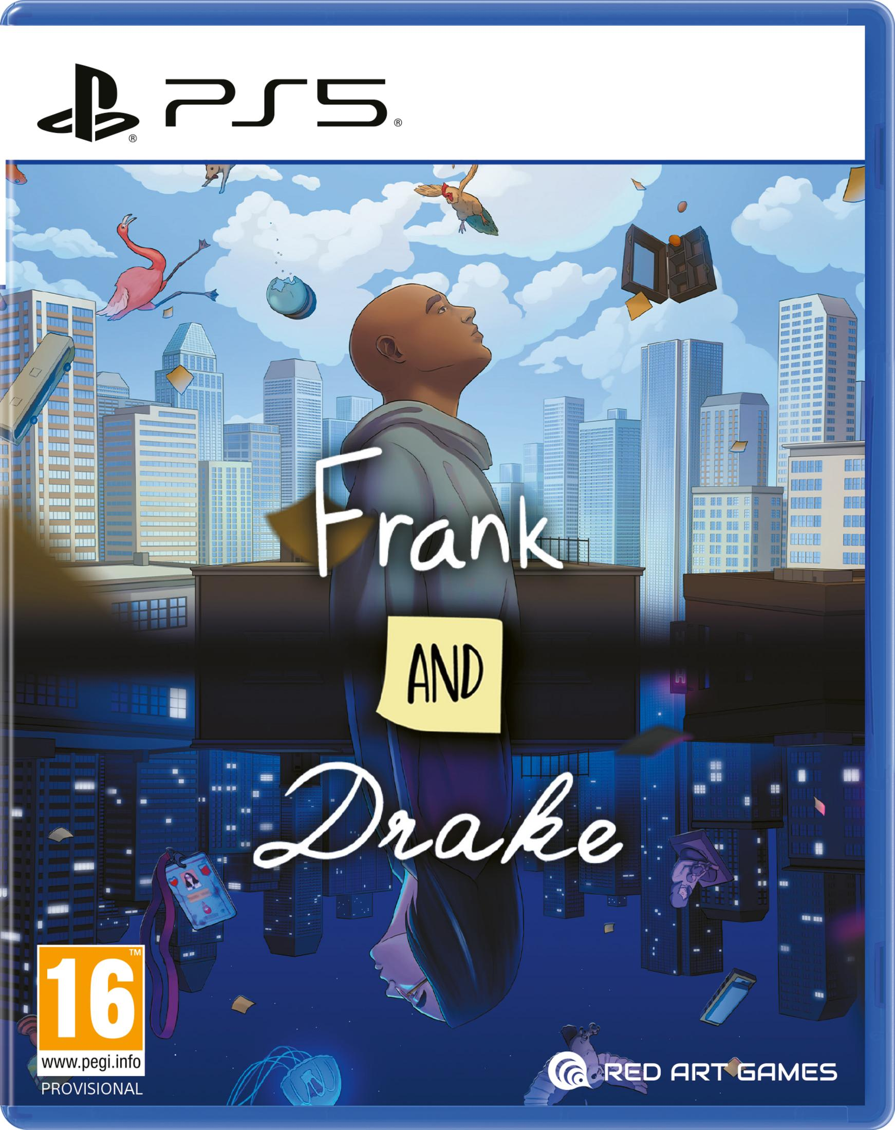 Copertina gioco PS5: Uomo guarda cielo surreale sulla città. Frank and Drake.