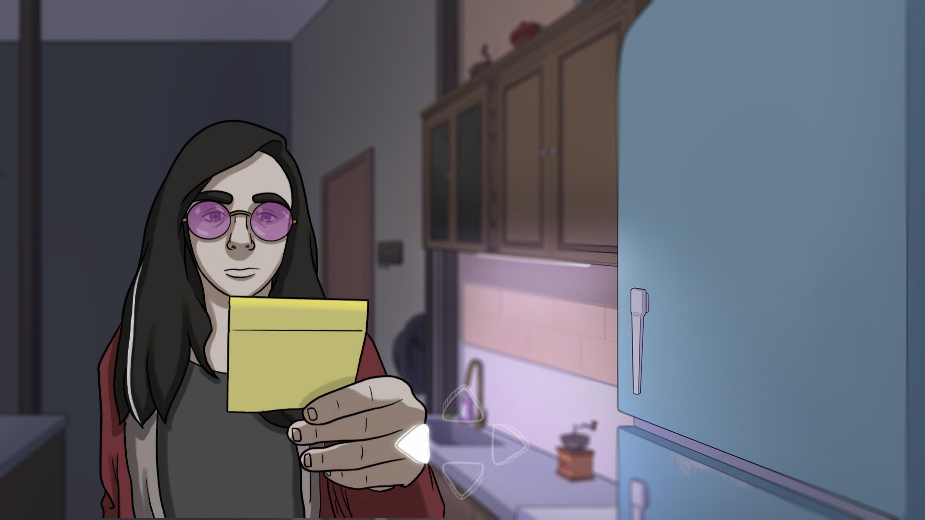 Una giovane donna con gli occhiali tiene un post-it giallo in cucina.