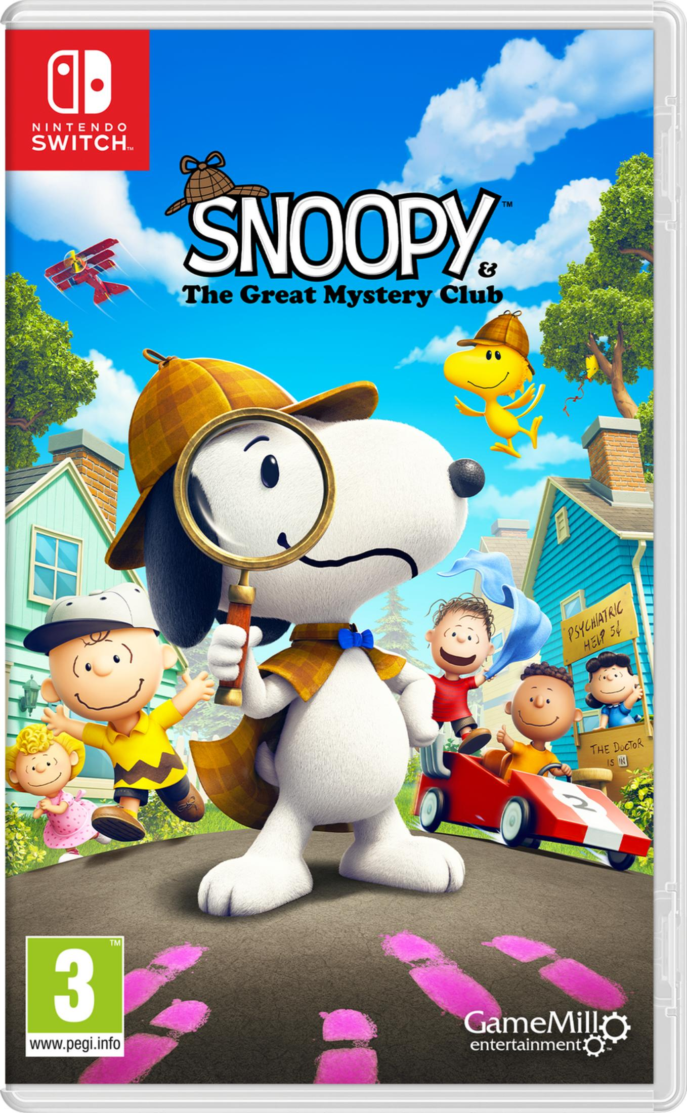 Snoopy como detective con amigos, portada del juego para Nintendo Switch.