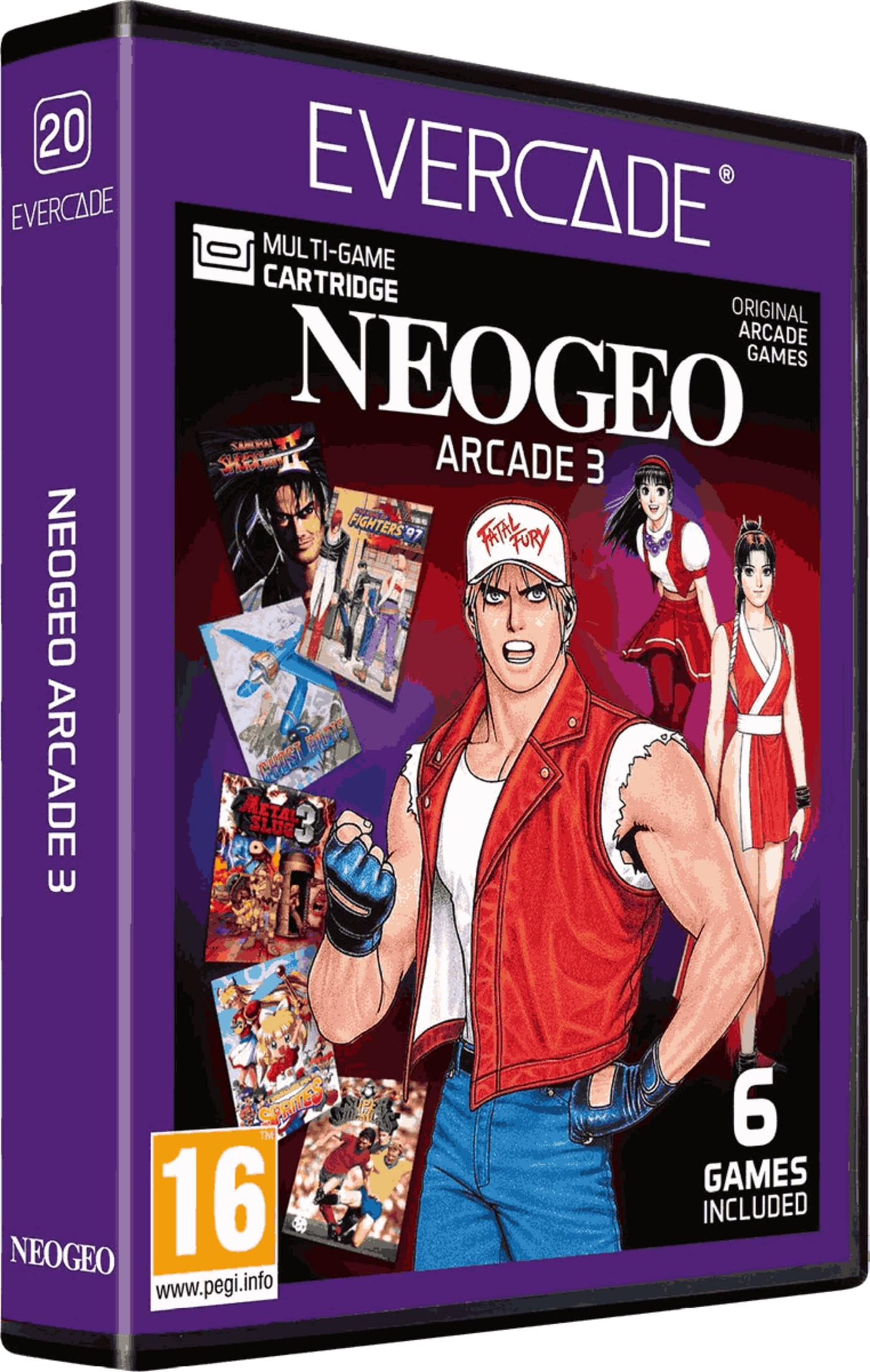 Custodia Evercade NEOGEO Arcade 3 con personaggi e copertine giochi.
