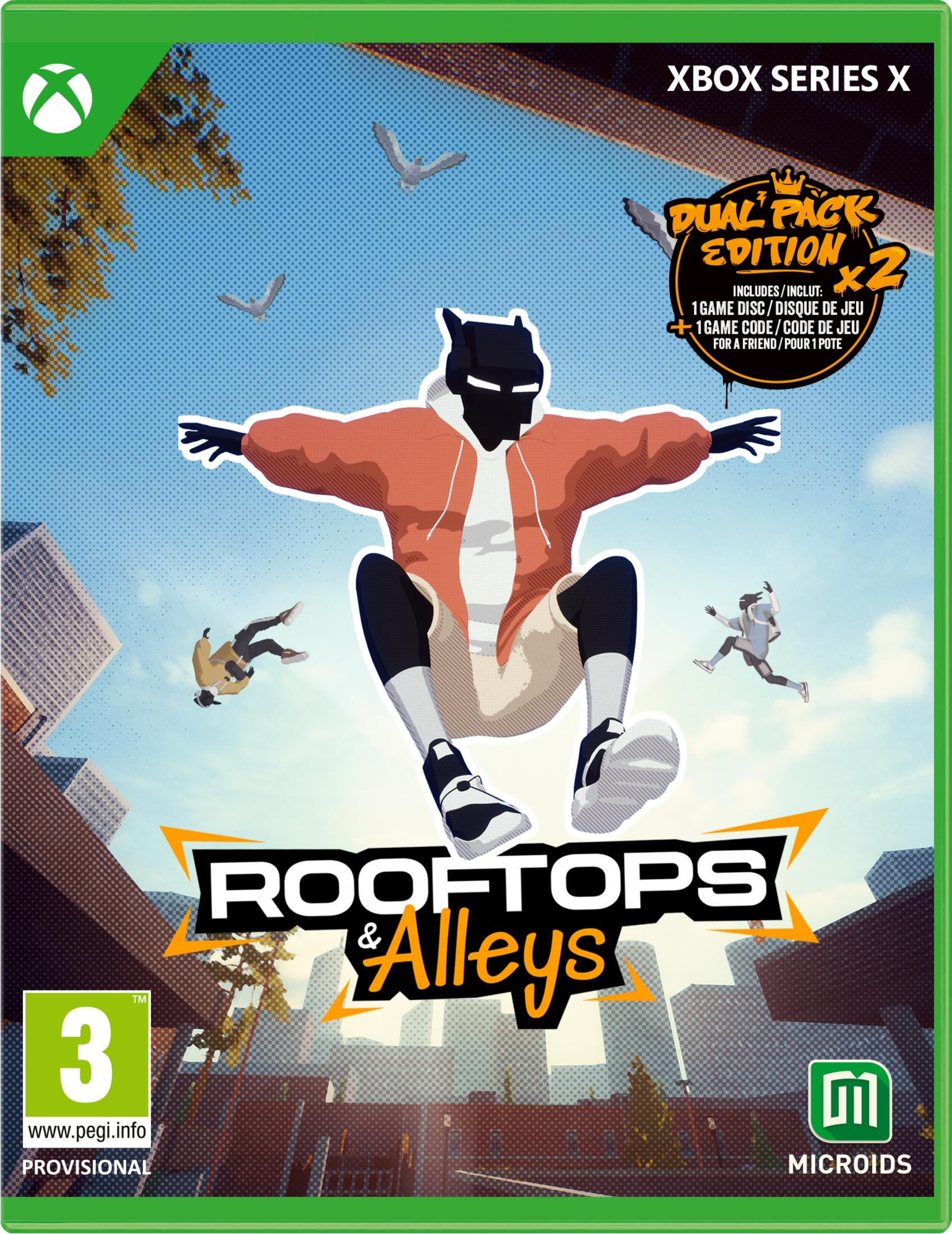 Copertina del gioco Xbox Series X con corridori di parkour a mezz'aria e skyline cittadino.