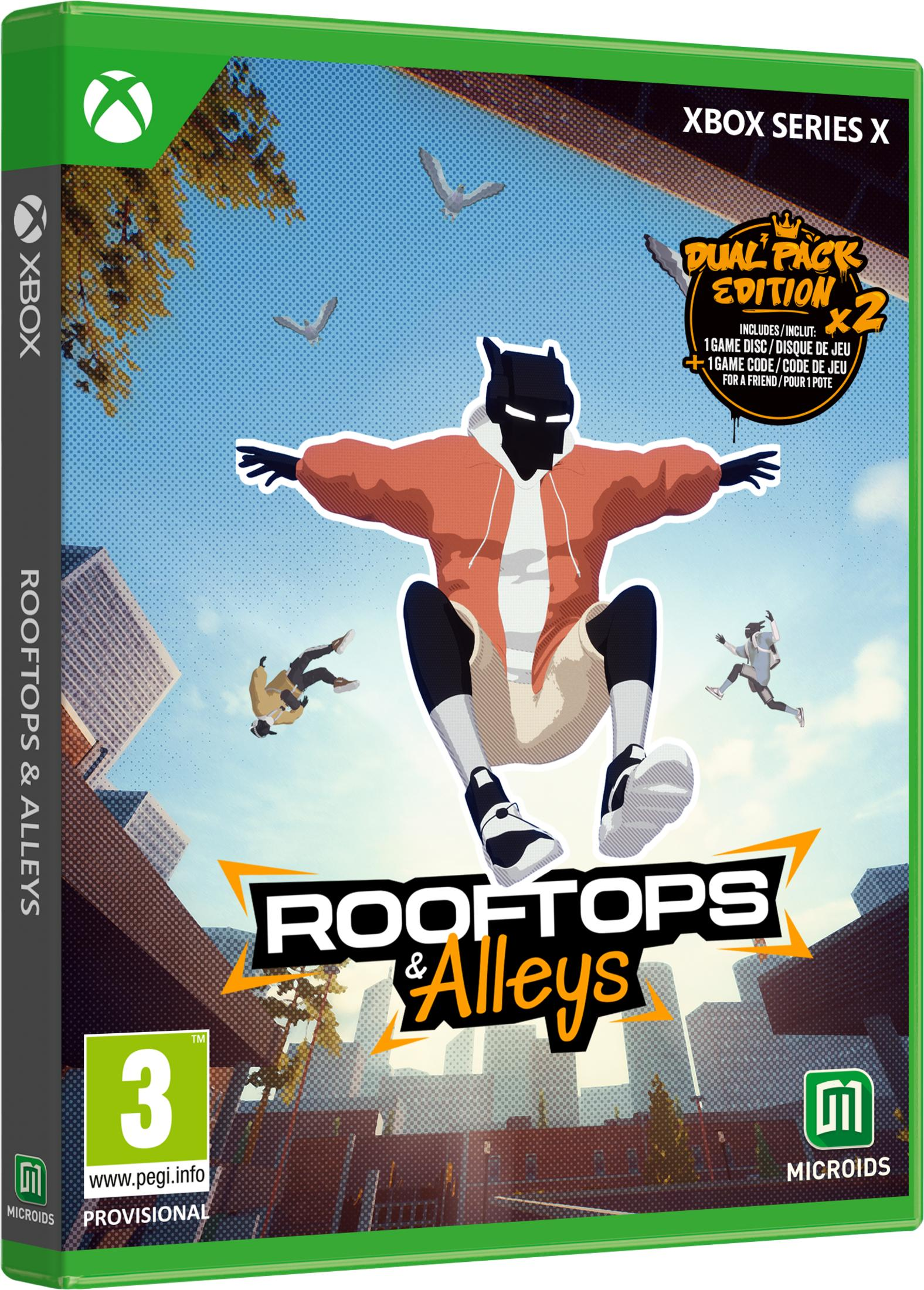 Copertina gioco Xbox: Rooftops & Alleys Edizione Dual Pack. Personaggio che salta.