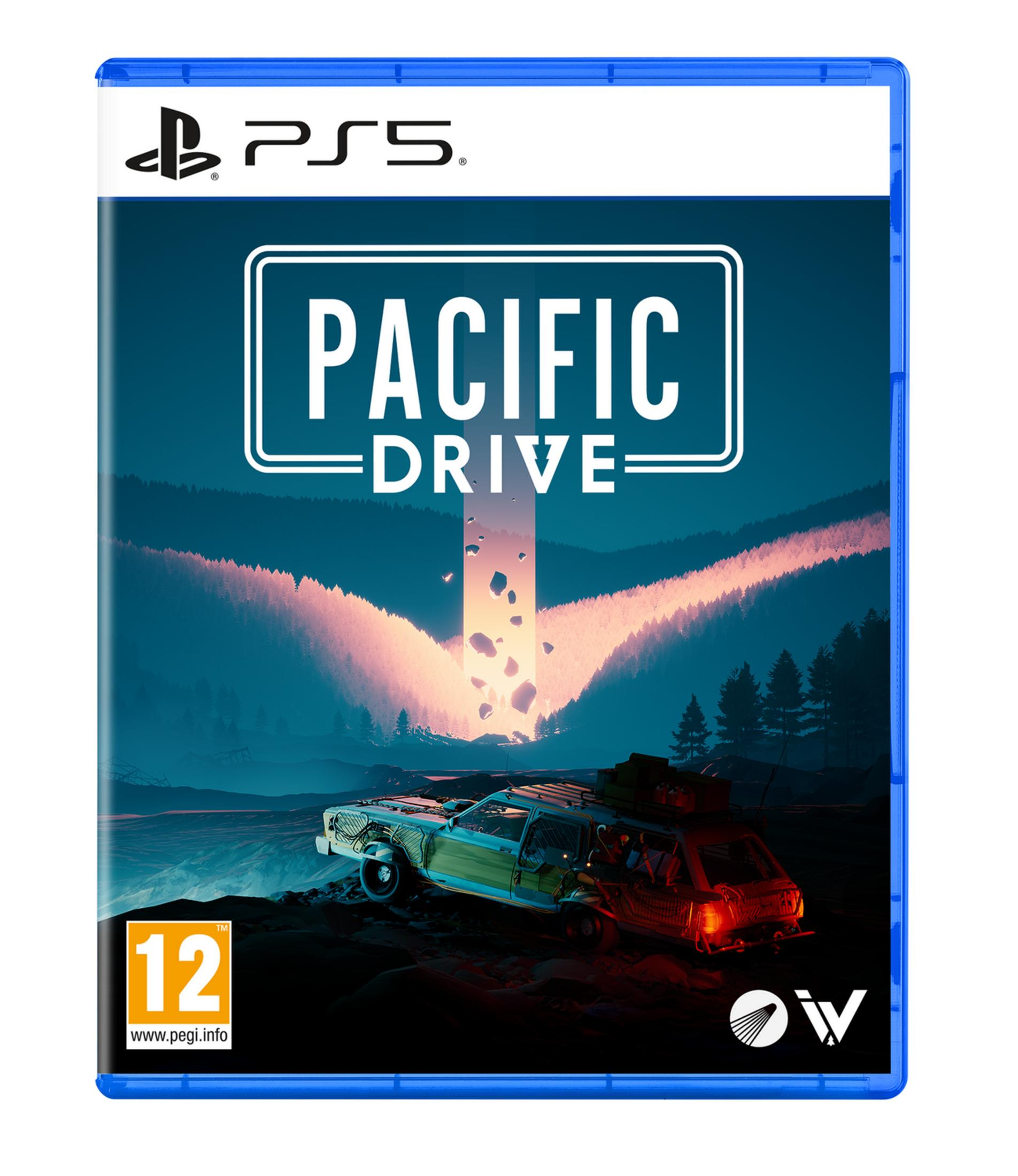 Custodia gioco PS5 per Pacific Drive. Un'auto su una strada con alberi luminosi e un raggio di luce.