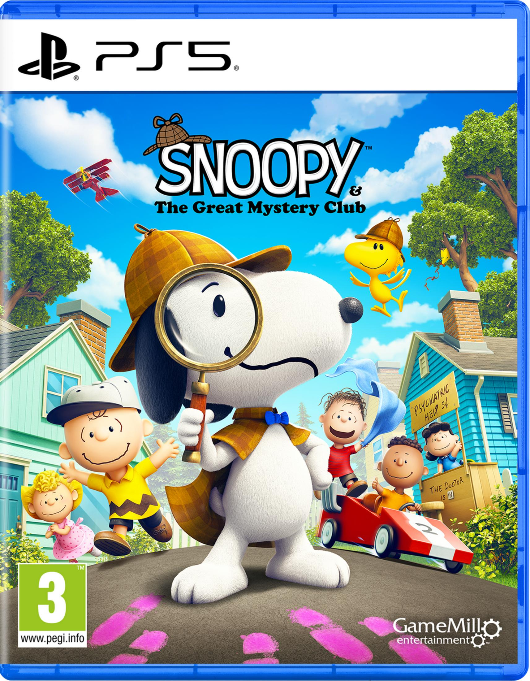 Snoopy detective con lente d'ingrandimento, Charlie Brown e Woodstock davanti alle case.