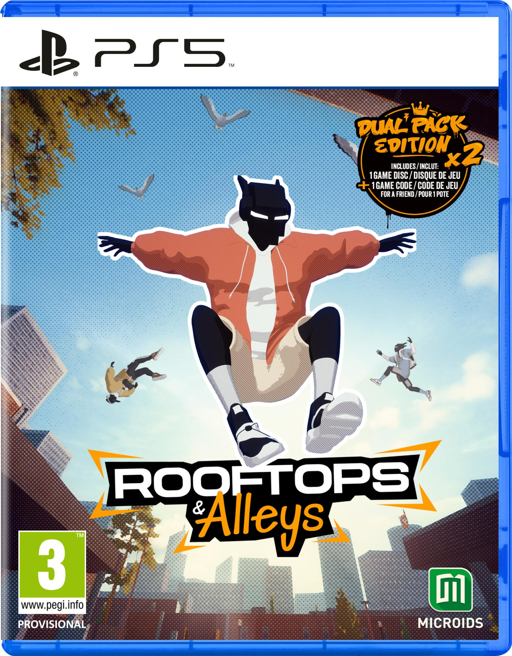 Copertina gioco PS5 Rooftops & Alleys, Edizione Dual Pack con arte parkour.