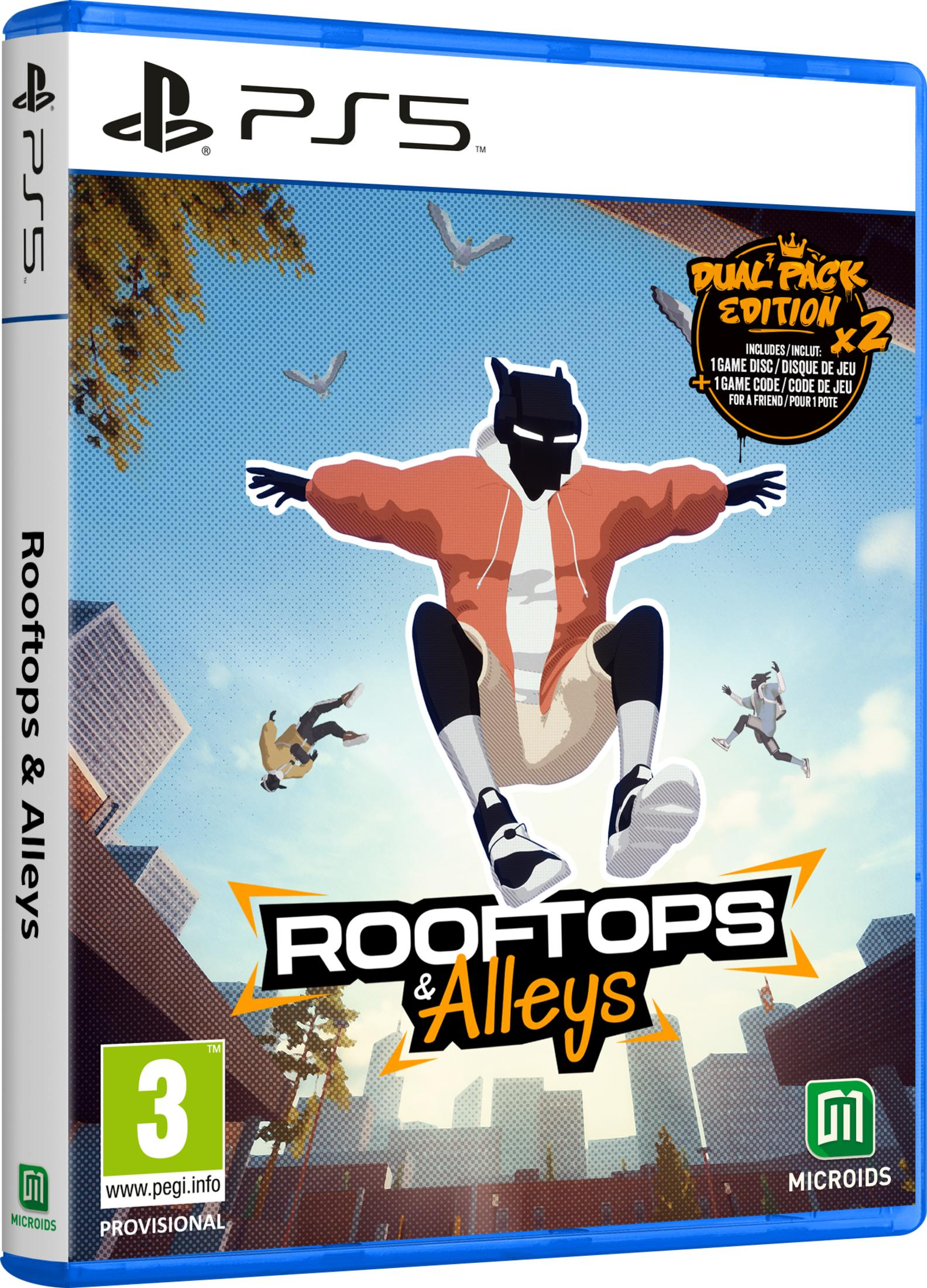 Gioco PS5 "Rooftops & Alleys". Un personaggio arancione salta, altri balzano.