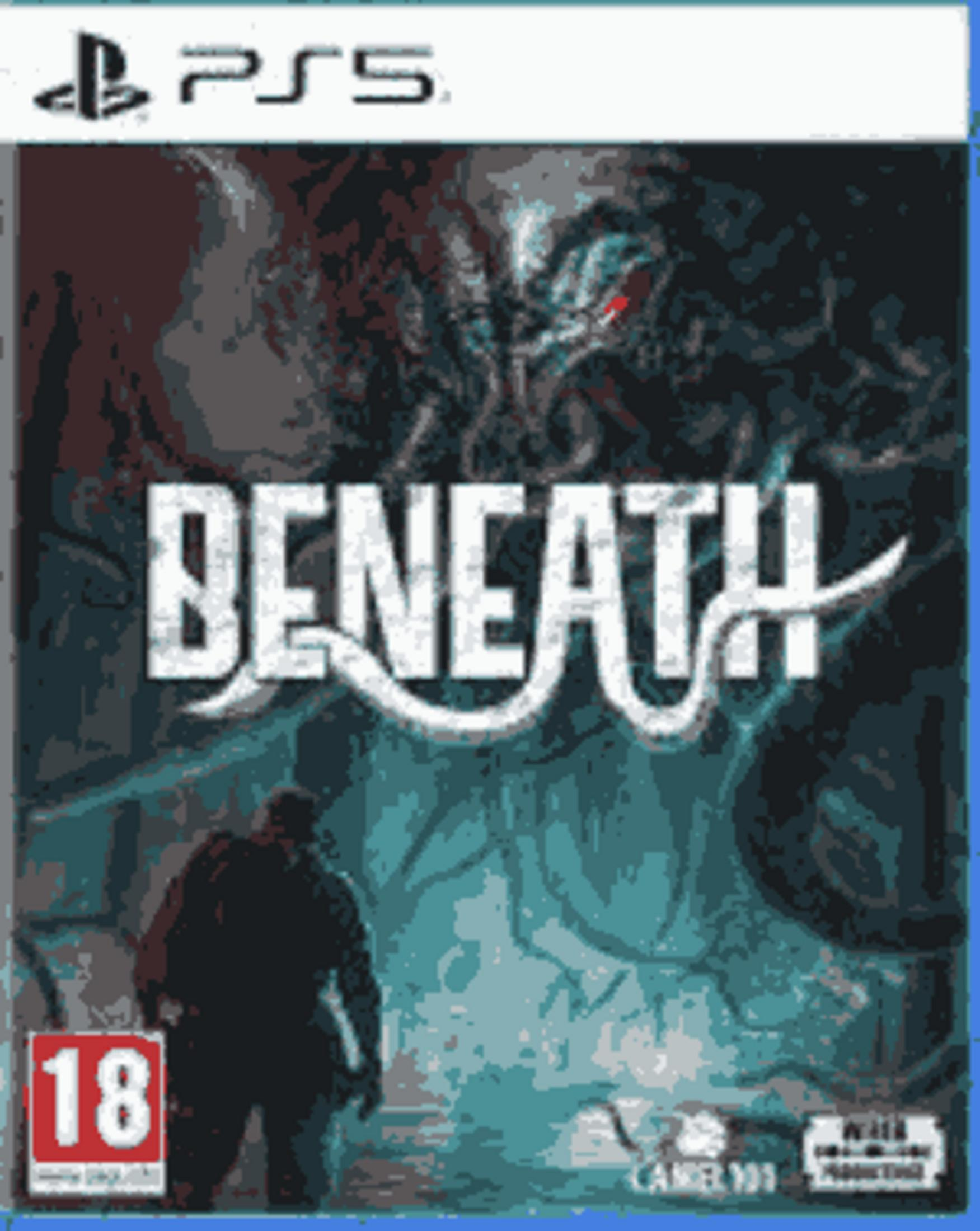 Copertina gioco PS5 'Beneath', con uomo, bollino 18+, mostro e logo.