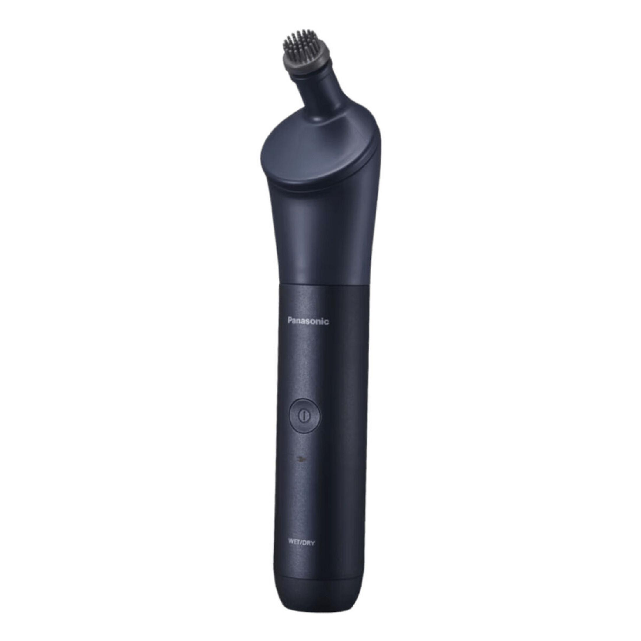 Un rasoir Panasonic foncé avec tête de brosse inclinée et bouton.